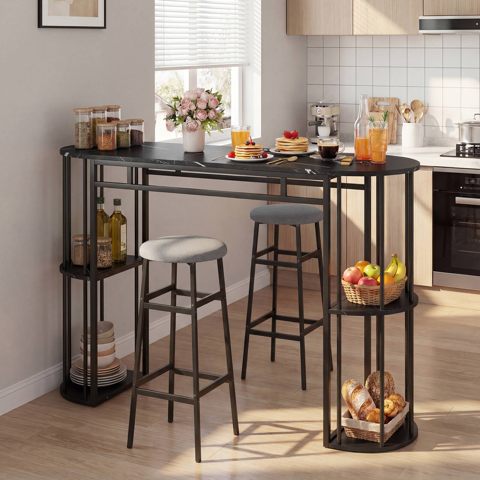 Alt View 4. Gymax - Gymax 3 Pieces 60'' Bar Table Set for 2 w/ Faux Marble Tabletop & Storage Shelves - Black.