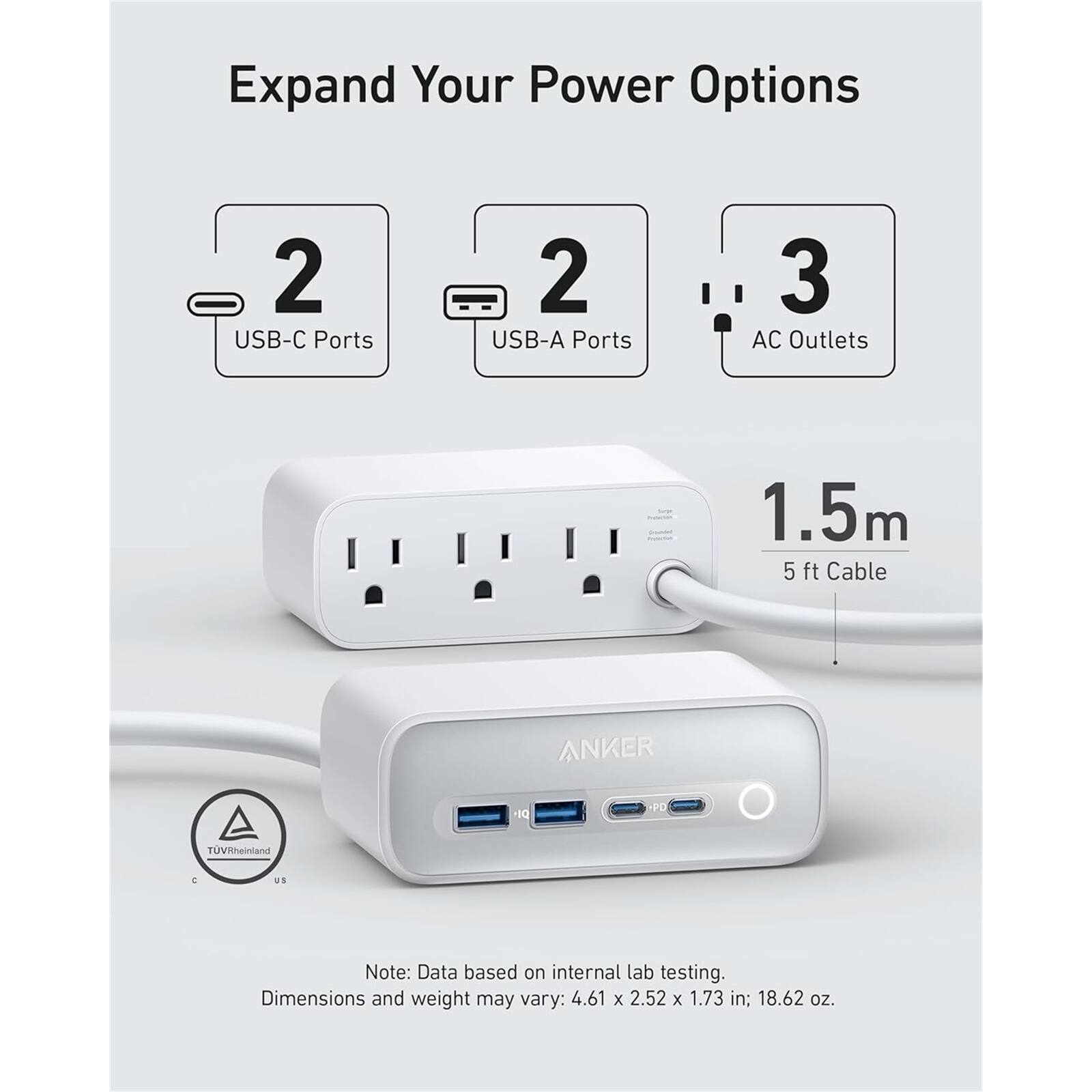 Expand Your Power Options

- 2 USB-C Ports
- 2 USB-A Ports
- 3 AC Outlets
- 1.5m / 5 ft Cable

ANKER

Note: Data based on internal lab testing. Dimensions and weight may vary: 4.61 x 2.52 x 1.73 in; 18.62 oz.

TÜV Rheinland