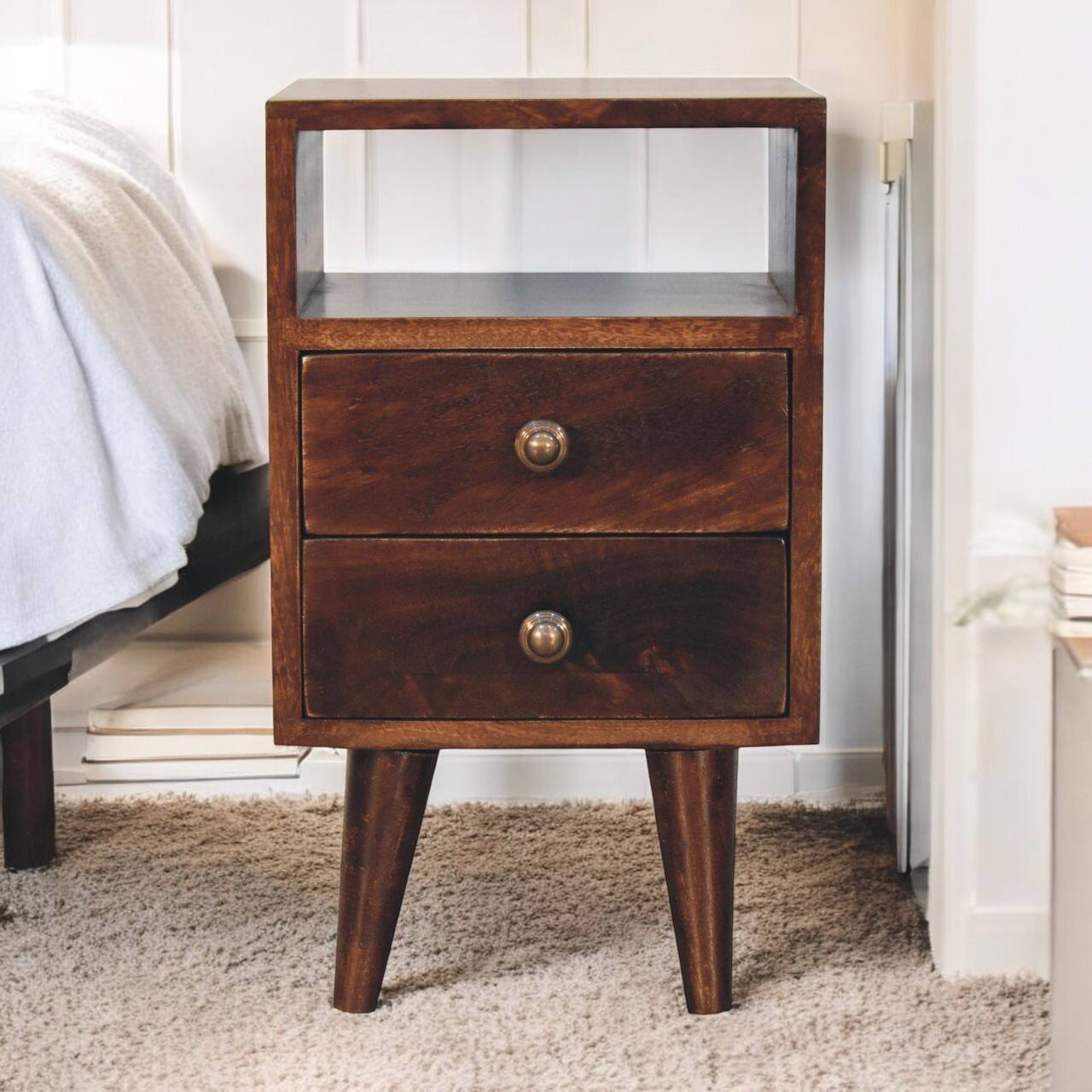 Alt View 6. Artisan Furniture - Artisan Furniture Solid Wood Mini Classic California Walnut Bedside, 2 Drawers, 1 Open Slot, Nordic Legs, Dark Brown - Walnut Finish.
