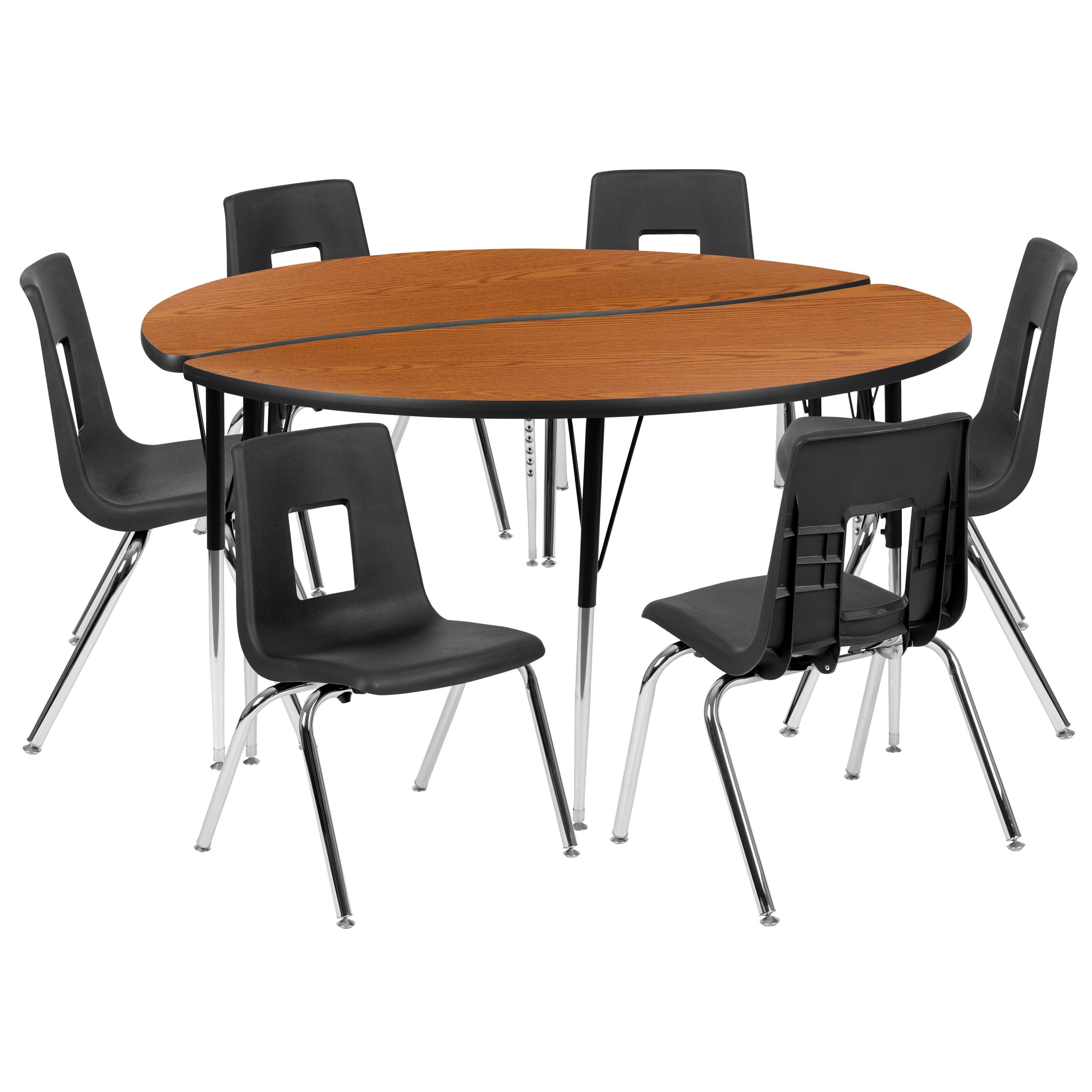 Alt View 1. Emma + Oliver - 60" Circle Wave Collaborative Laminate Activity Table Set with 16" Student Stack Chairs, Grey/Black - Oak.