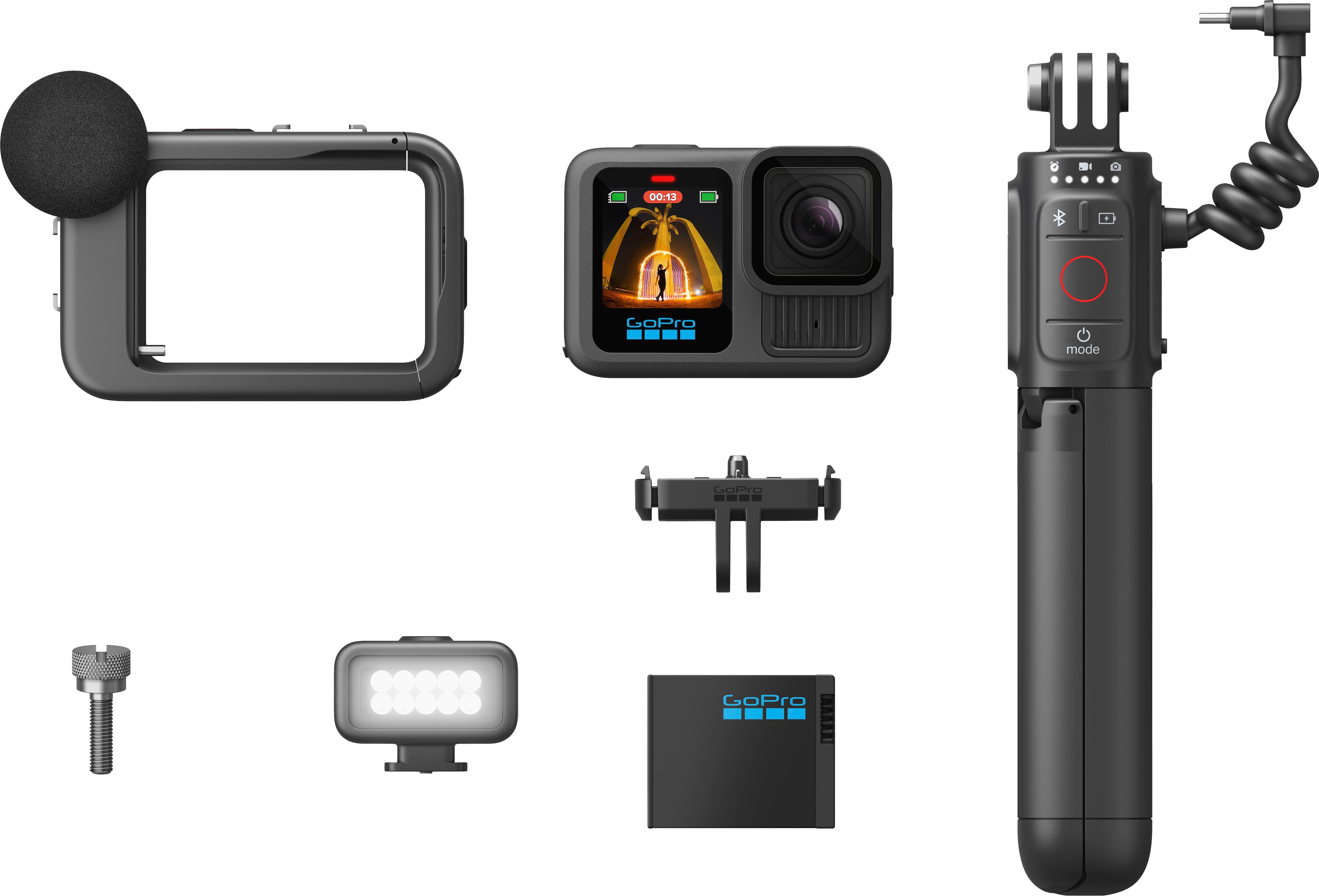 The image features a collection of electronic equipment, including a GoPro camera, a TV, a microphone, a camera, and a flash. The items are arranged in a way that showcases their various functions and purposes. The GoPro camera is positioned in the upper left part of the image, while the TV is located in the upper right section. The microphone is situated in the middle-left area, and the camera is placed in the middle-right section. The flash is located in the lower-left part of the image.