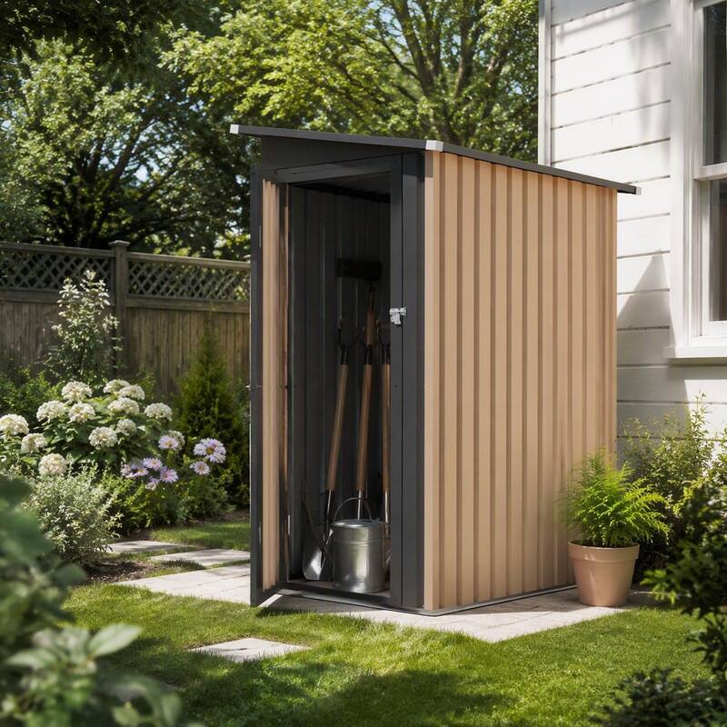 Back. RYHNUYNE - 4.27 x 2.43 FT Heavy Duty Pent Roof Metal Storage Shed,Weatherproof Outdoor Garden Shed for Backyard Patio - Black+Brown.