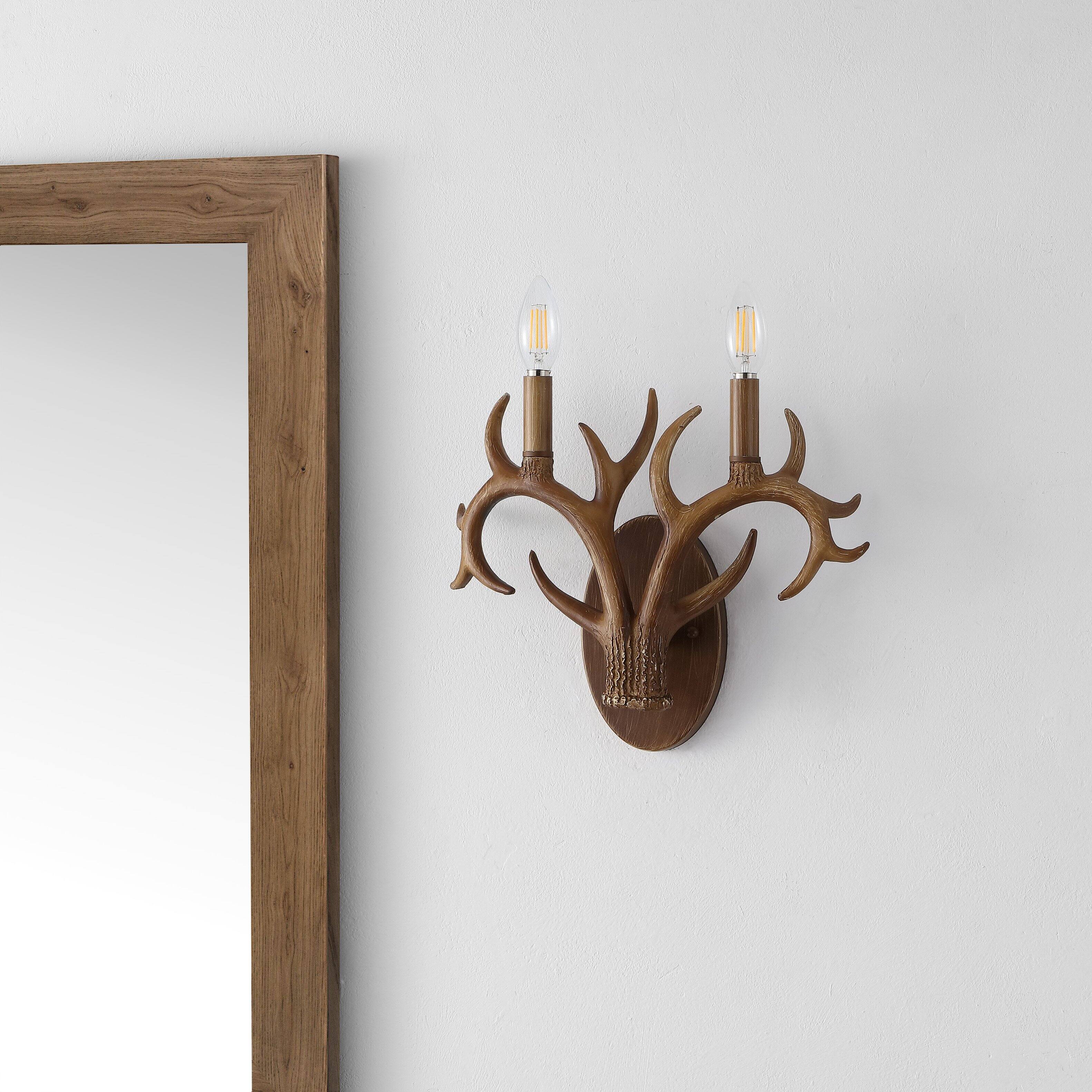 Alt View 5. Jonathan Y - Cody 13.25" 2-Light Southwestern Bohemian Resin/Iron Faux Antler LED Vanity Light, Brown Wood Finish - Brown Wood Finish.