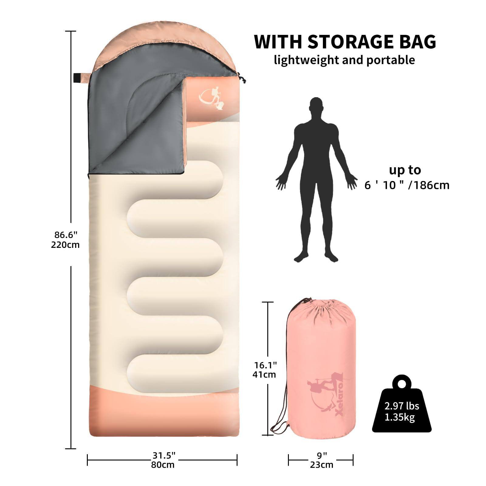 WITH STORAGE BAG  
lightweight and portable  

up to 6' 10" / 186cm  

86.6" / 220cm  
31.5" / 80cm  
16.1" / 41cm  
9" / 23cm  

2.97 lbs / 1.35kg