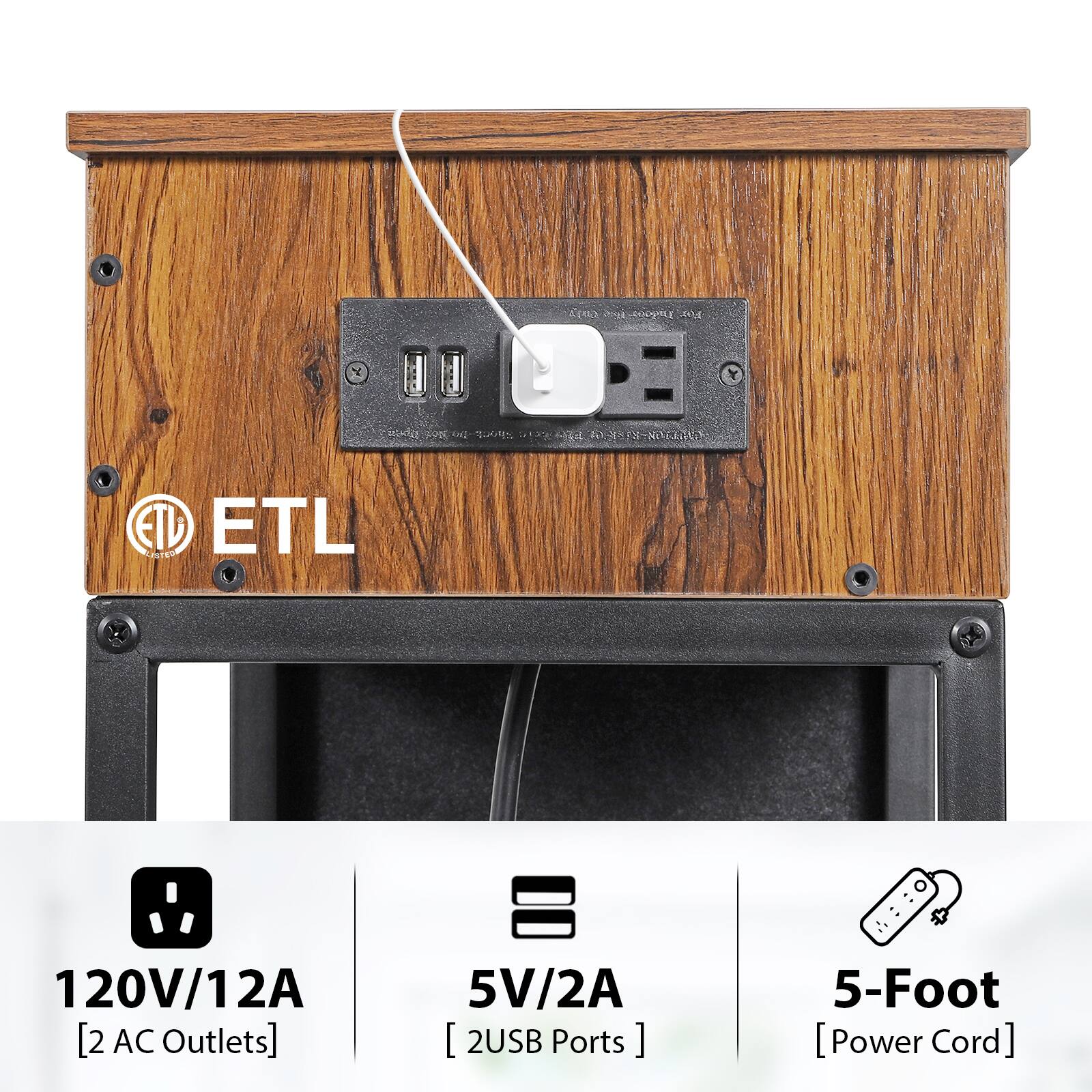SoD 2IE COOSHLy ME Y Y A% TE PN ETD UNTE ETL 120V/12A [2 AC Outlets] 5V/2A [2 USB Ports] 5-Foot [Power Cord]