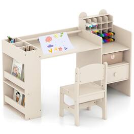 Gymax - Kids Art Table & Chair Set w/Detachable Paper Roll Holder & Cubby Cabinet Drawer - Natural