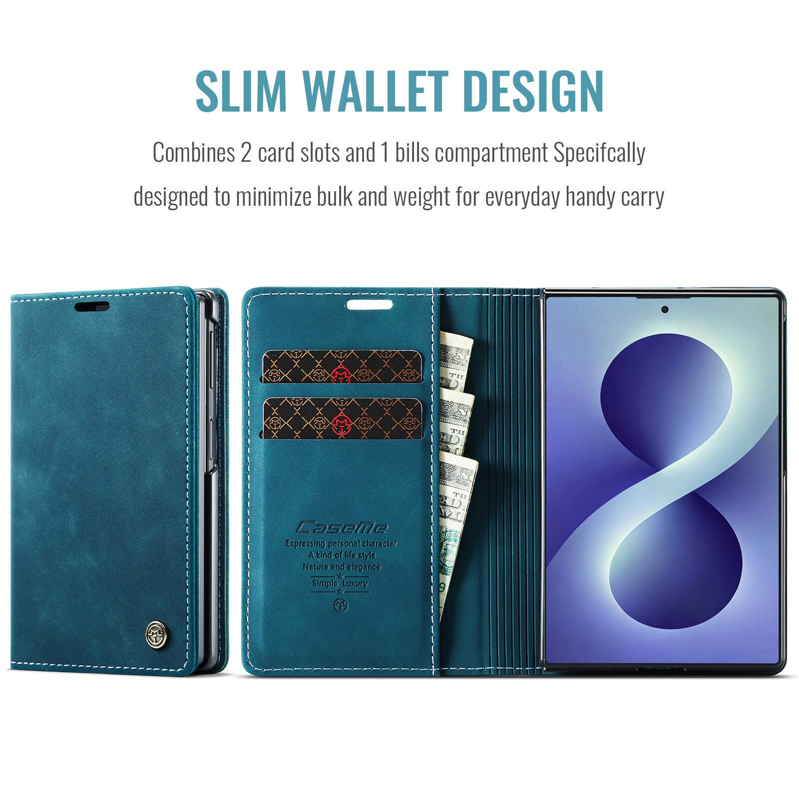 SLIM WALLET DESIGN  
Combines 2 card slots and 1 bills compartment  
Specifically designed to minimize bulk and weight for everyday handy carry  

Expressing CaseMe Nature  
A Simple kind personal and of & Luxury life elegance e.style character