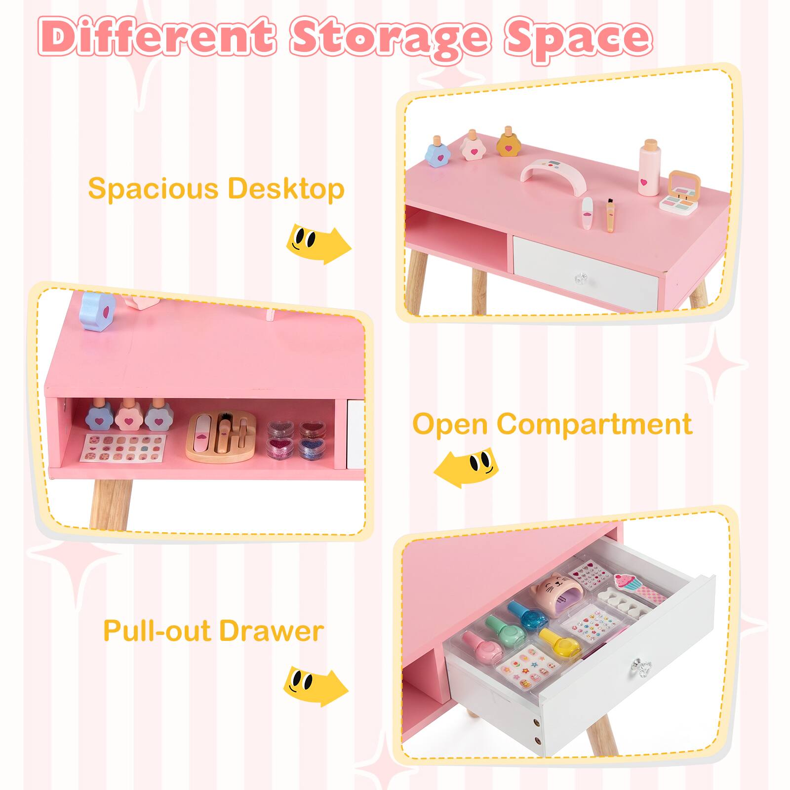 Different Storage Space

- Spacious Desktop
- Open Compartment
- Pull-out Drawer