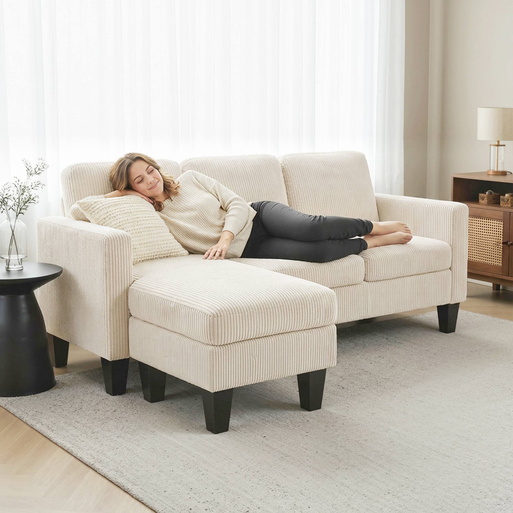 Alt View 8. Homcom - Sofa, L Shaped Couch, with Reversible Chaise or Ottoman - Cream White.