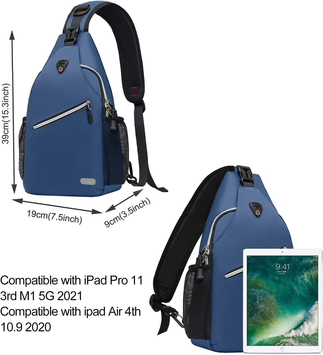 39cm(15.3inch)  
F 1 moruo  
19cm(7.5inch)  
19cm(7.5inch)  
9cm(3.5inch)  

Compatible with iPad Pro 11 3rd M1 5G 2021  
Compatible with iPad Air 4th 10.9 2020