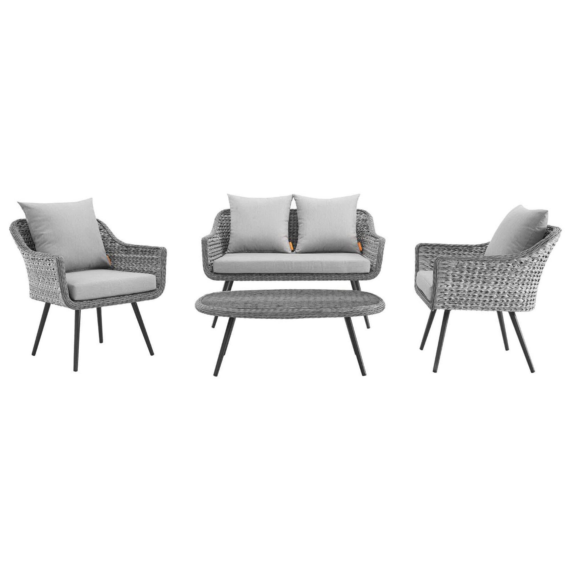Alt View 6. Modway - Endeavor 4 Piece Outdoor Patio Wicker Rattan Loveseat Armchair and Coffee Table Set by Modway - Gray Gray.