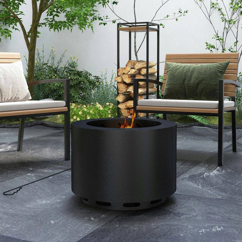 Front. Resenkos - Steel Smokeless Fire Pit, Portable Camping Stove with Poker for Backyard & Patio, Black.