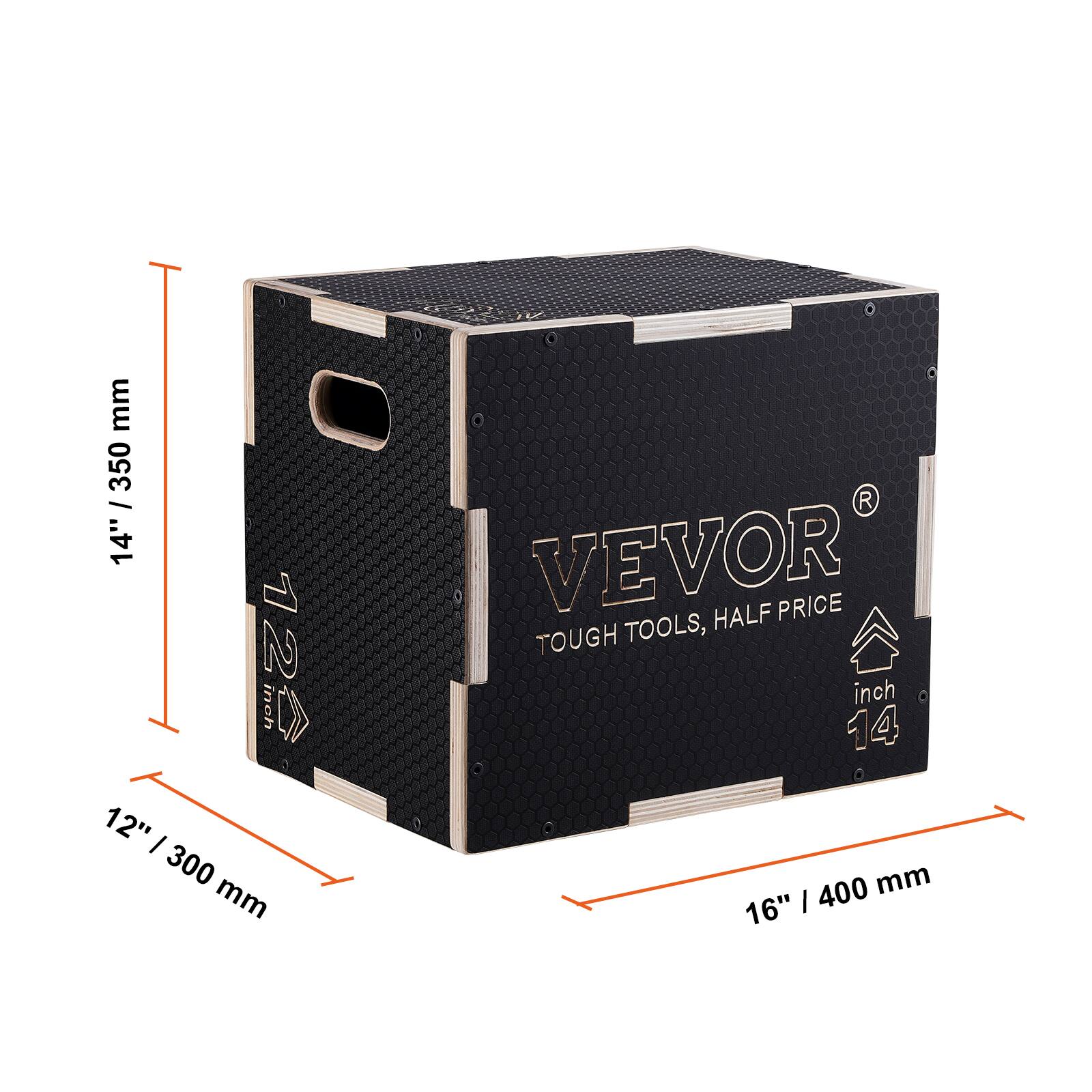 The corrected text is:

- 350 mm
- 14" / 355 mm
- 12" / 305 mm
- 16" / 406 mm

Additional text on the image:
- VEVOR
- TOUGH TOOLS, HALF PRICE