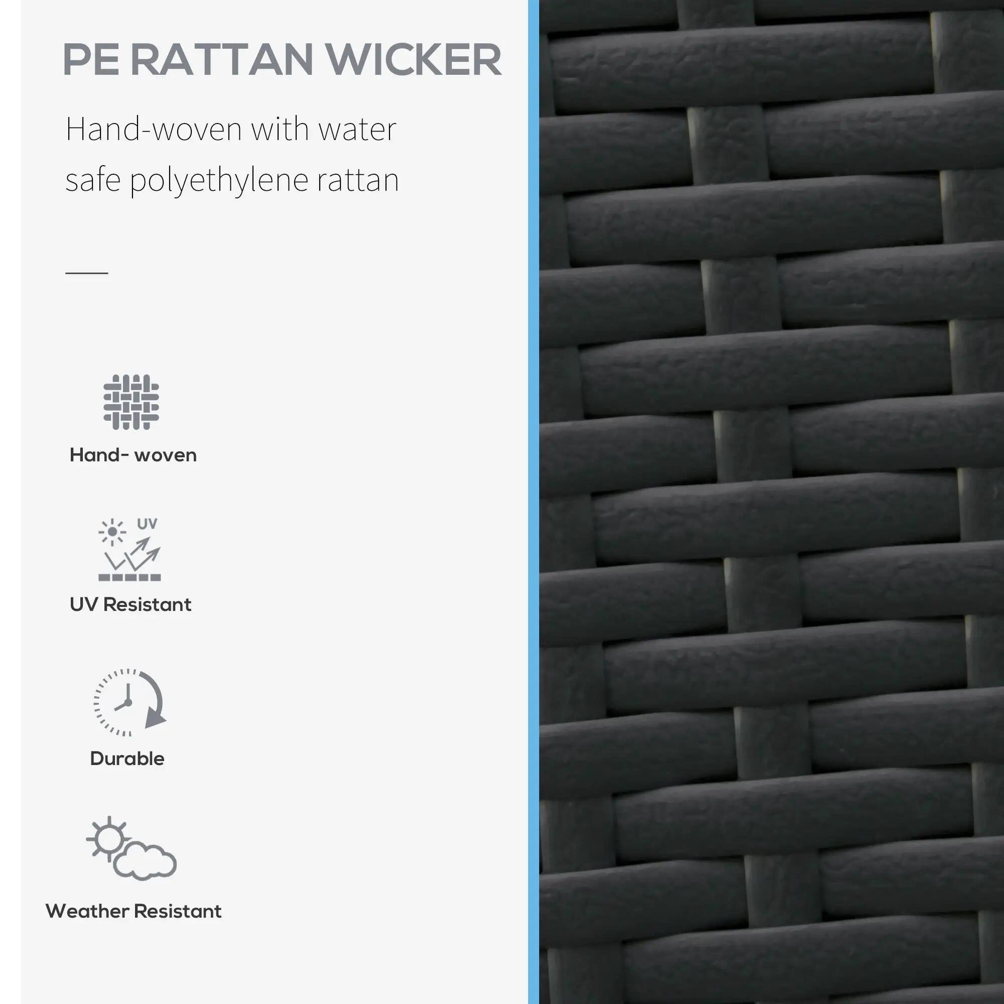 PE RATTAN WICKER

Hand-woven with water safe polyethylene rattan

---

Hand-woven

UV Resistant

Durable

Weather Resistant