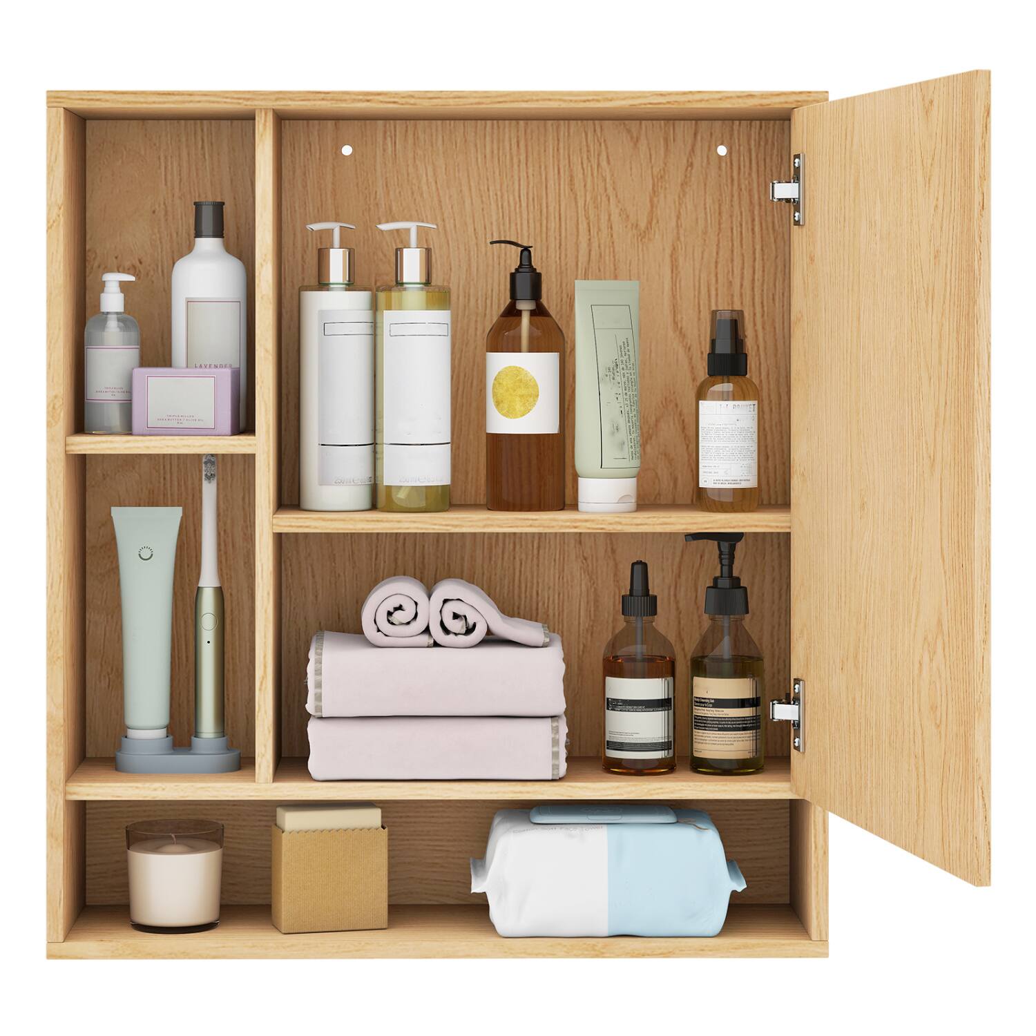 Back. WELLFOR - Wall-Mounted Bathroom Cabinet with Mirror Door, Adjustable Shelf and Open Storage - Natural.