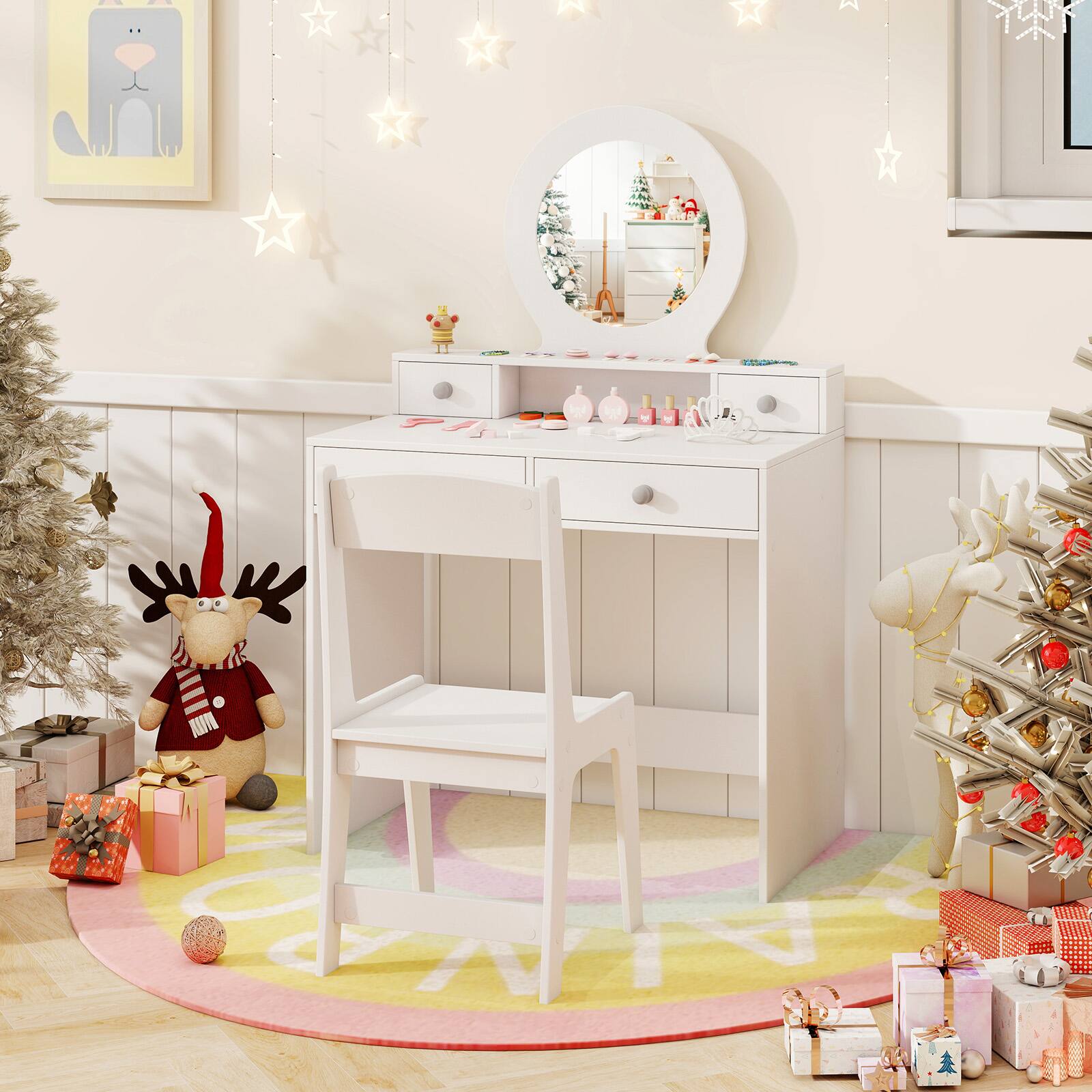 Alt View 3. Gymax - Gymax Kids Vanity Set Desk & Chair Set w/ Mirror Open Shelf & 4 Storage Drawers White - White.