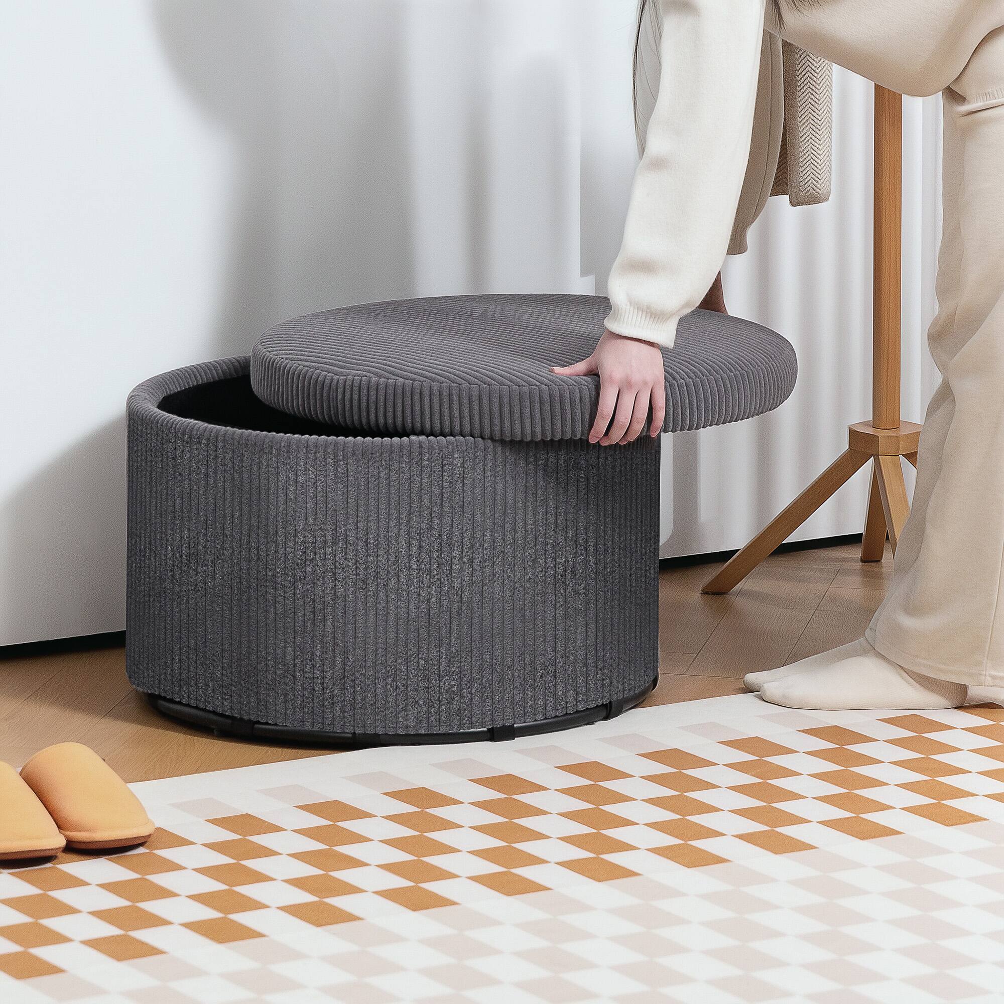 Alt View 9. Homcom - Storage Ottoman with Lid, 24 In Round Pouf Ottoman with Storage, Upholstered Corduroy Foot Rest Stool for Living Room - Grey.