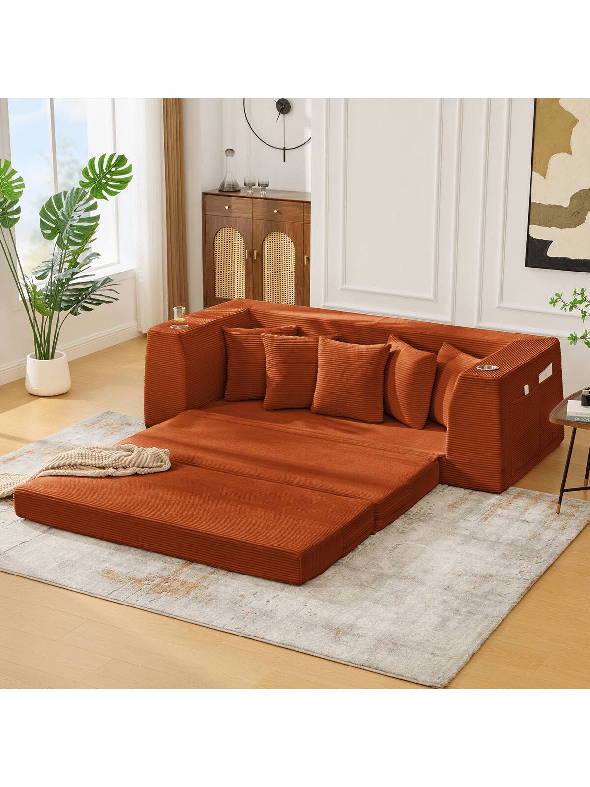 Alt View 4. Trinkets Crazed - 82.25" Convertible Sofa Bed, Loveseat Sleeper Sofa, 2 In 1 Sofa, Corduroy Pull Out Sofa Bed, 5 Pillows, Side Pocket - Orange.