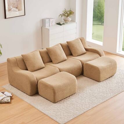 Front. Aukfa - Modular Teddy Fabric Sofa - 3-Seat Sectional with 2 Ottomans, Soft Boneless Design for Living Room - Camel.