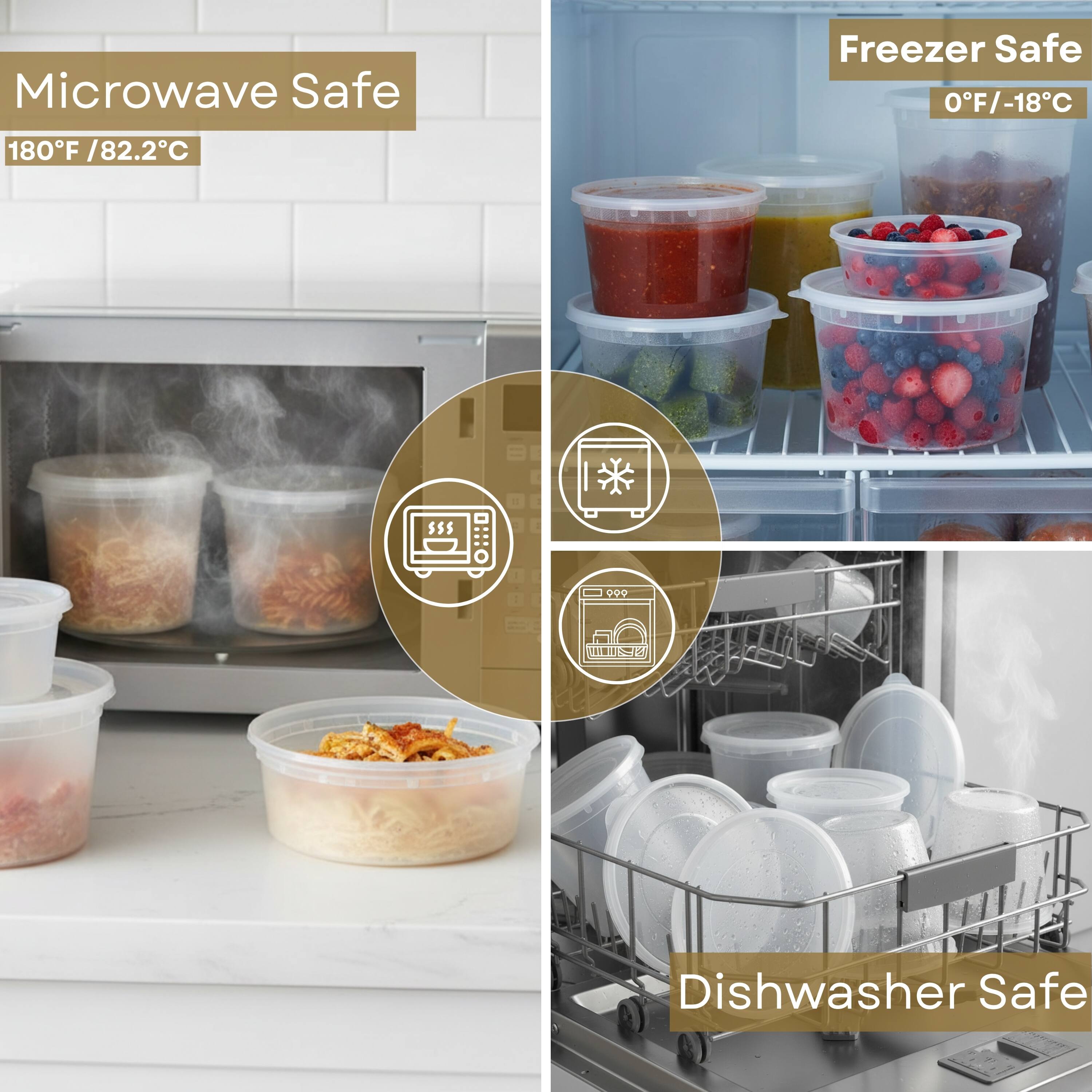Microwave Safe  
180°F / 82.2°C  

Freezer Safe  
0°F / -18°C  

Dishwasher Safe