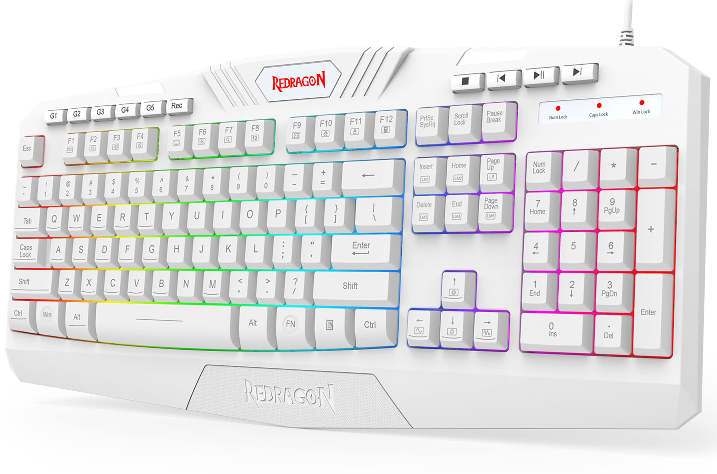 Esc G1 G2 F1 G3 F2 G4 F3 d G5 F4 Rec F5 F6 F7 Q REDRAGON F9 F10 F8 3 A F11 6 F12 PrtSc SysRq Scroll Lock Pause Break Num Lock Caps Lock Win Lock - Tab ! 1 Q 6 2 W # 3 E 5 4 R % 5 T A 6 Y & 7 U * 8 I I 9 O ) 0 P I { 1 + = } ] | I Insert LMT Delete LMS Home NC End LMM Page Up ER Page Down LMS Num Lock 7 Home / 8 1 * 9 PgUp I + Caps Lock A S D F G H J K L : 1 " Enter 4 5 6 Shift Z X C V N M < 1 > ? / Shift t 1 End 2 t 3 PgDn Cir Win Alt Alt FN Ctrl I o M 0 Ins Del Enter REDRAGON