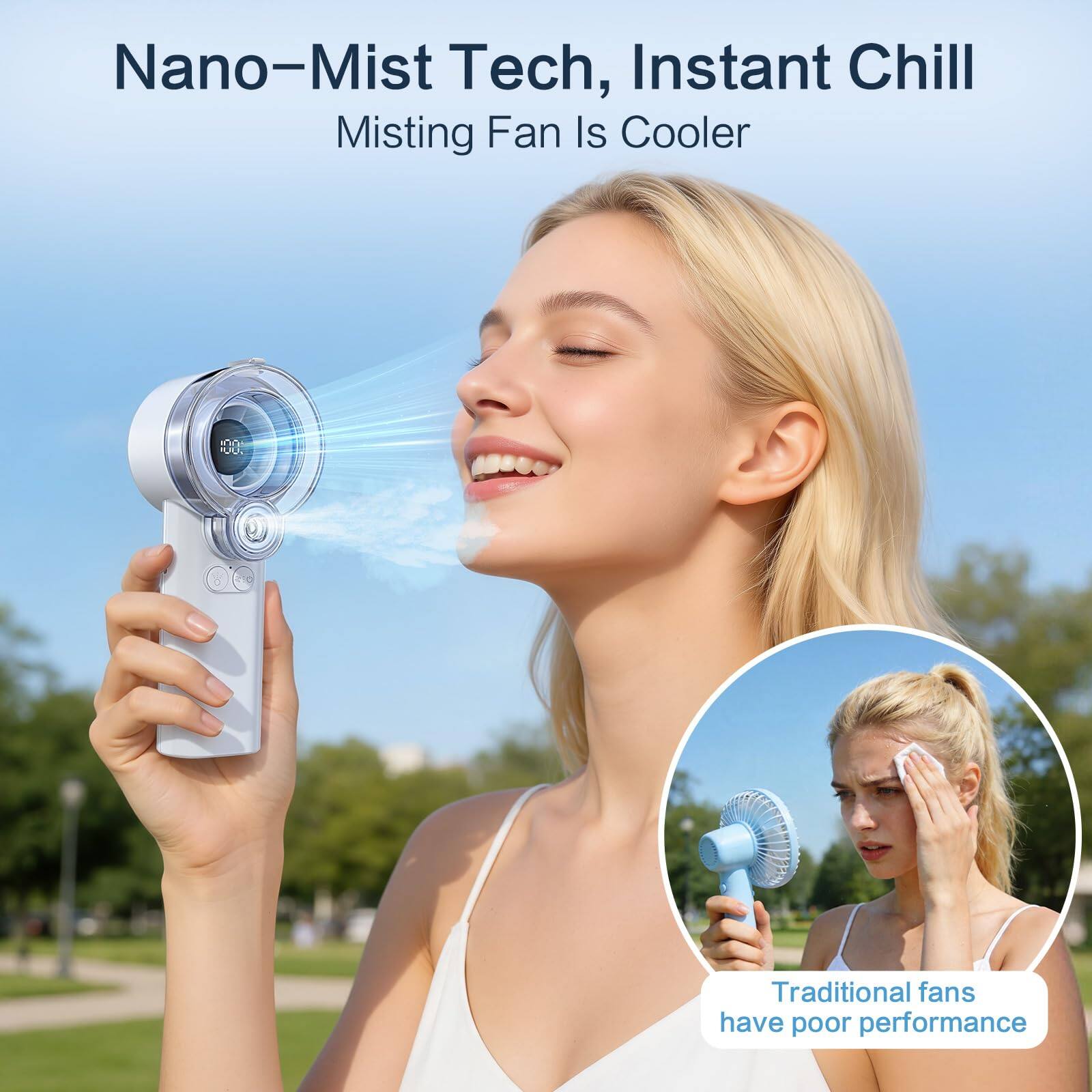 Nano-Mist Tech, Instant Chill  
Misting Fan Is Cooler  
Traditional fans have poor performance