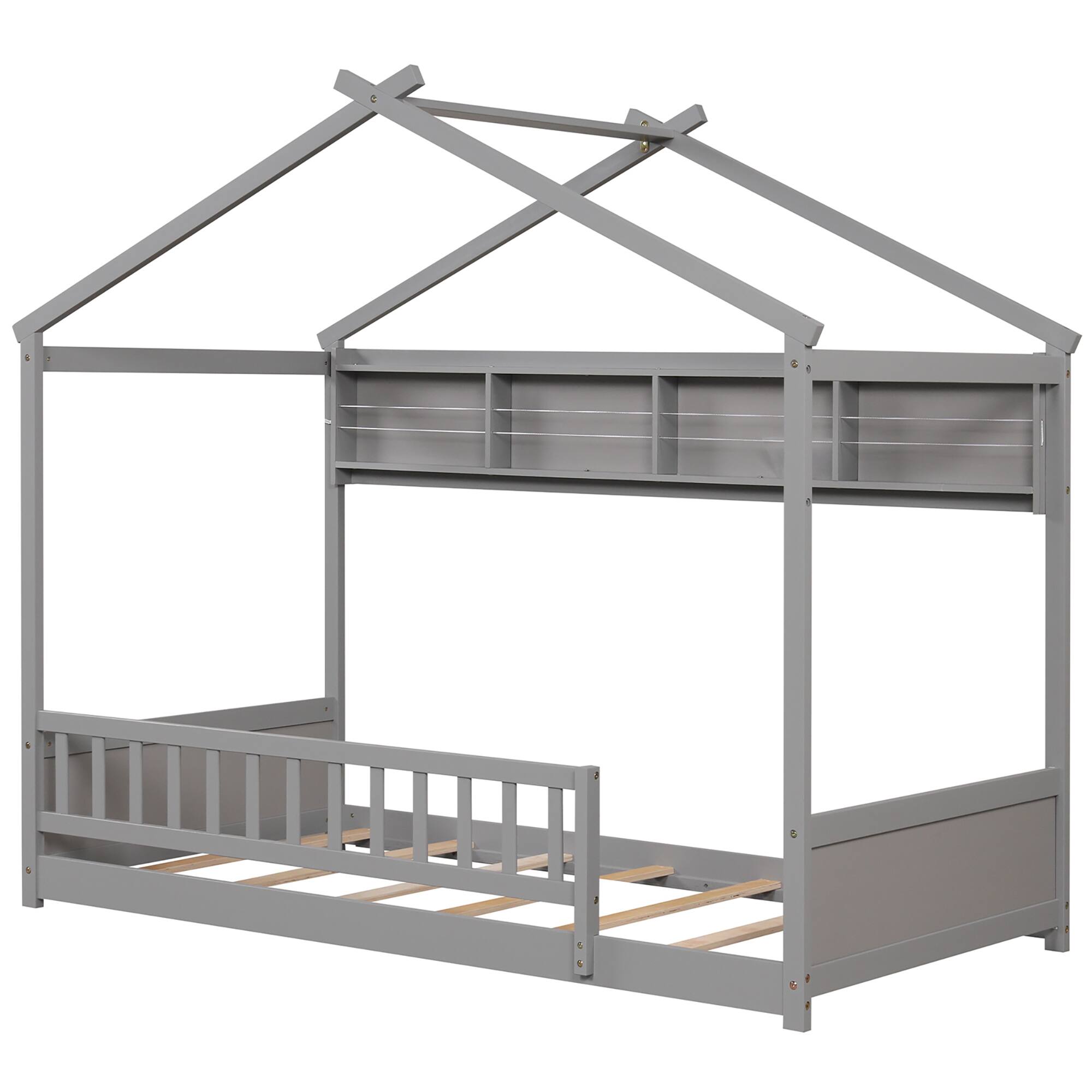 Alt View 1. Gymax - Gymax Twin Size House Bed w/Storage Shelf Headboard & Guardrail Wooden Slat Support Grey - Grey.