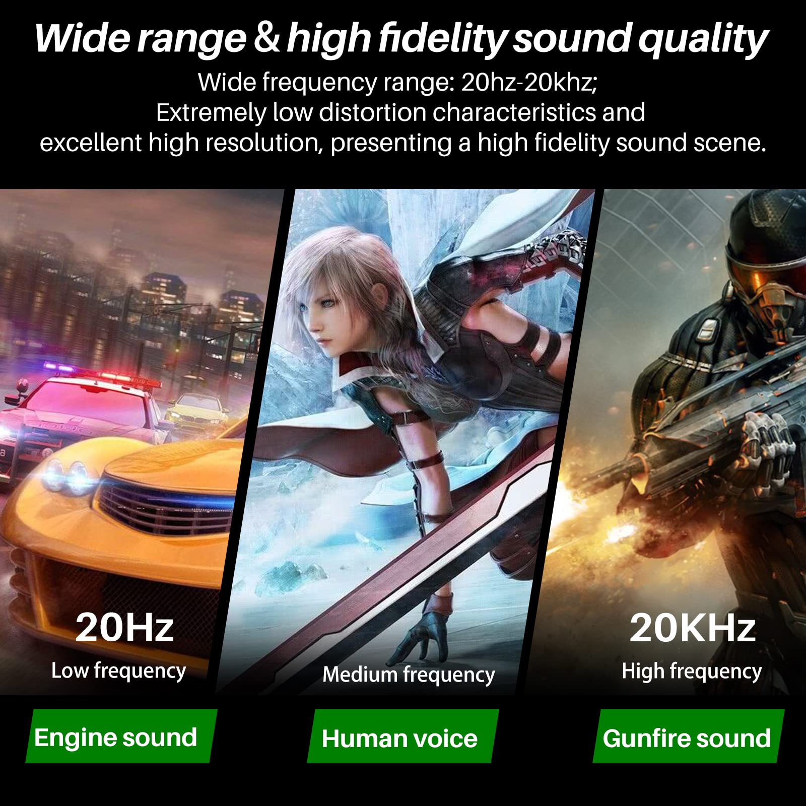 Wide range & high fidelity sound quality  
Wide frequency range: 20Hz-20kHz;  
Extremely low distortion characteristics and excellent high resolution, presenting a high fidelity sound scene.  

20Hz  
Low frequency  
Engine sound  

Medium frequency  
Human voice  

20kHz  
High frequency  
Gunfire sound