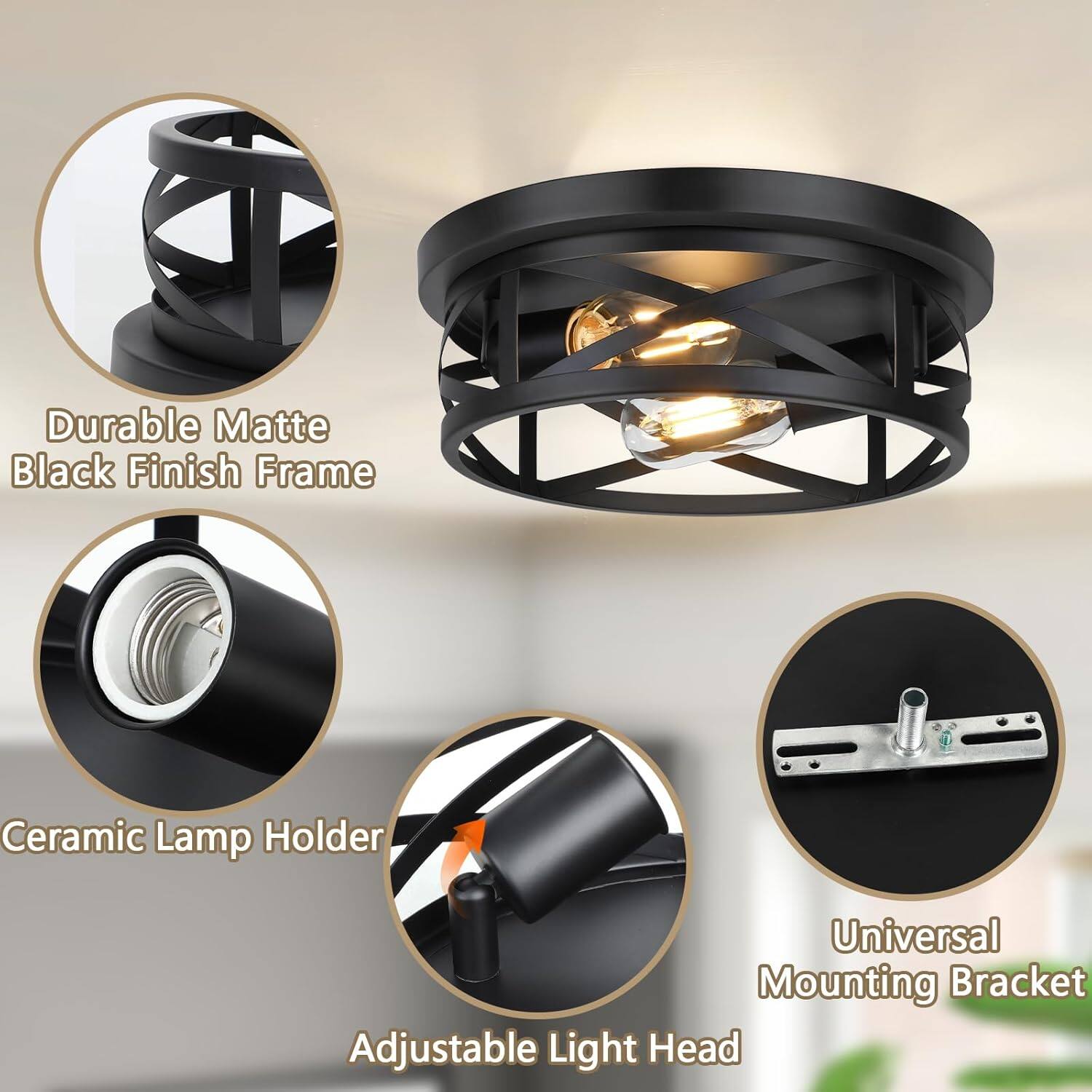 - Durable Matte Black Finish Frame
- Ceramic Lamp Holder
- Adjustable Light Head
- Universal Mounting Bracket