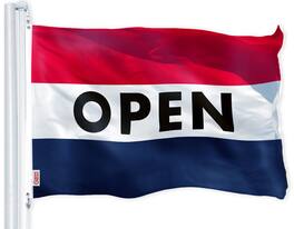 G128 - Open Business Flag 2x3 ft — 150D Printed Polyester, Brass Grommets - Assorted Colors