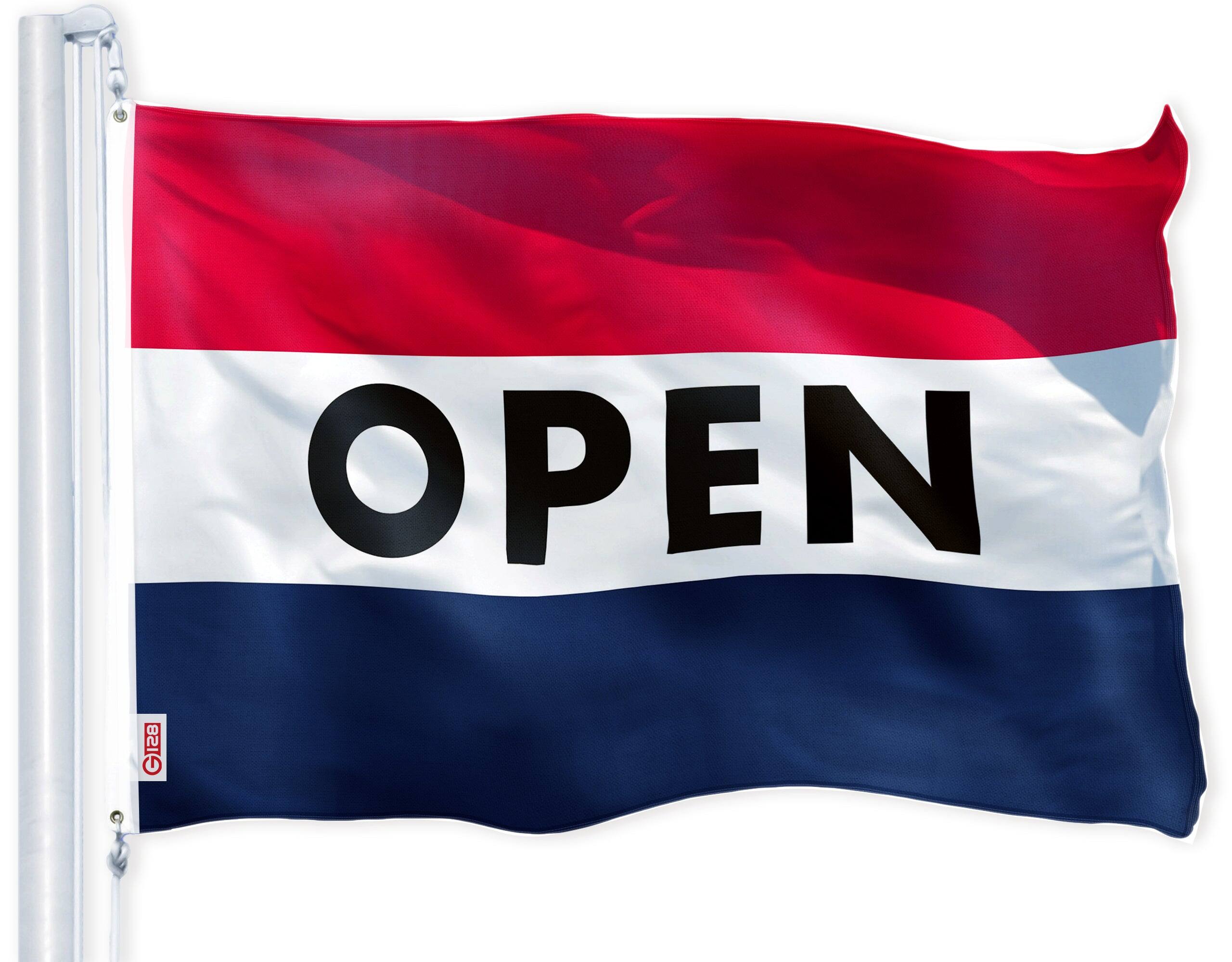 G128 - Open Business Flag 2x3 ft — 150D Printed Polyester, Brass Grommets - Assorted Colors