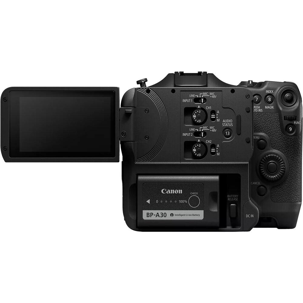 MK MIC LINE +4V INPUT1 I I CH1 5 A T OL M AUDIO STATUS MIC MIC LINE 48V INPUT2 I 13 I CH2 G A T Oi M INDEX 7 8 PUSH MAGN. JTOIRIS ENU 1711191 FUNC 9 Canon CHECK D 100% BATTERY RELEASE CANCEL BP-A30 intelligent LHian Battery DC IN