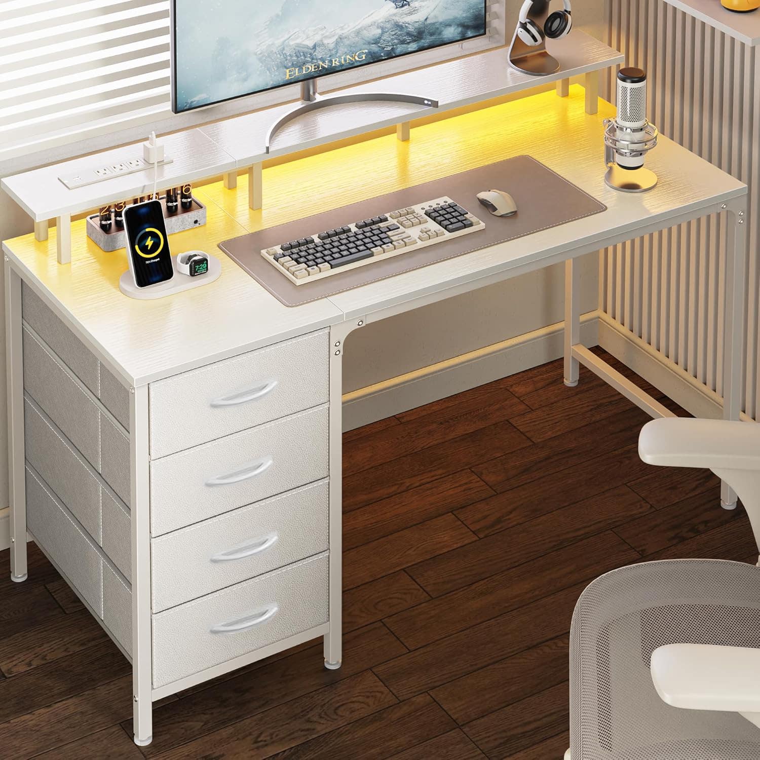 Sweet - 47" Gaming Desk with LED Lights, Power Outlets, 4 Drawer, Monitor Stand Reversible Computer Desk - White
