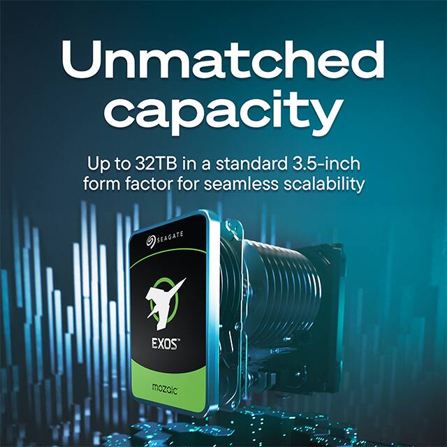 Unmatched capacity  
Up to 32TB in a standard 3.5-inch form factor for seamless scalability  

SEAGATE  
EXOS  
mozaic