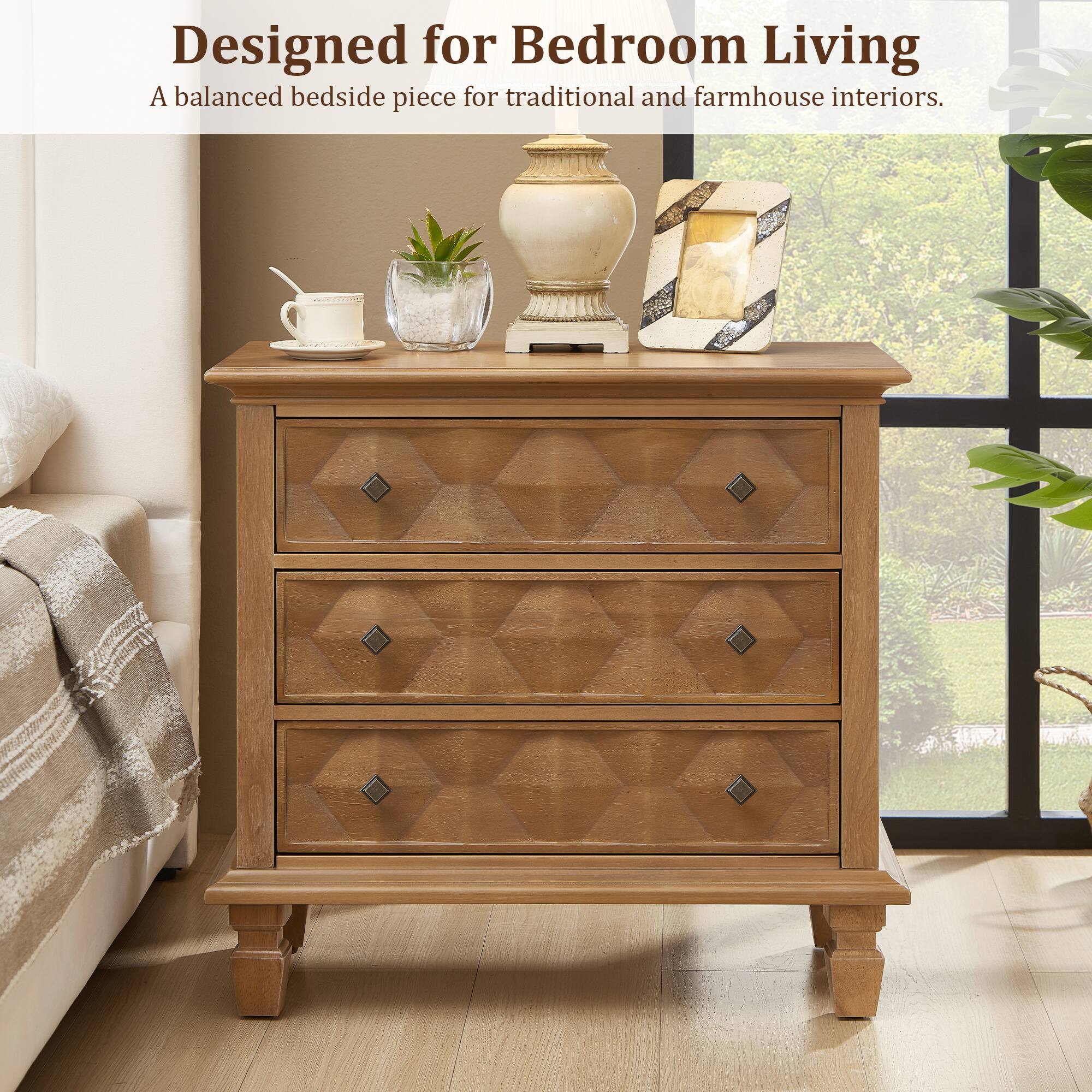 Designed for Bedroom Living  
A balanced bedside piece for traditional and farmhouse interiors.