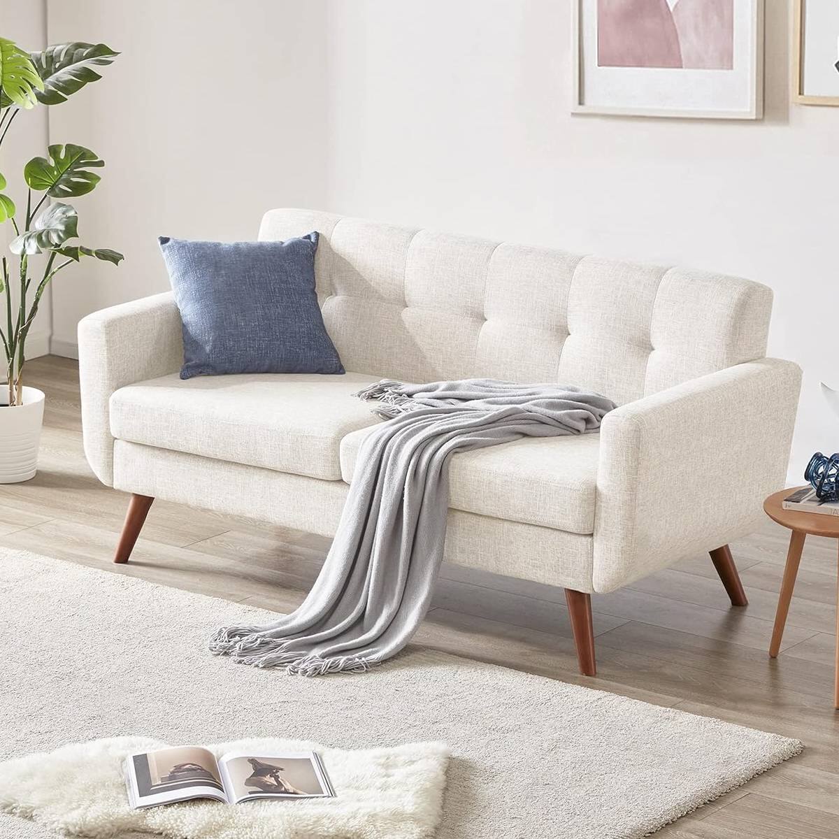 Back. Hivvago - Modern Mid-Century Beige Cotton Polyester Upholstered Sofa Loveseat - Beige.