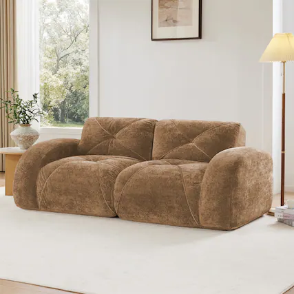 Front. Boyel Living - 2 Seater Tufted Boneless Sofa Soft Velvet No Assembly Ergonomic Design Camel - Camel.