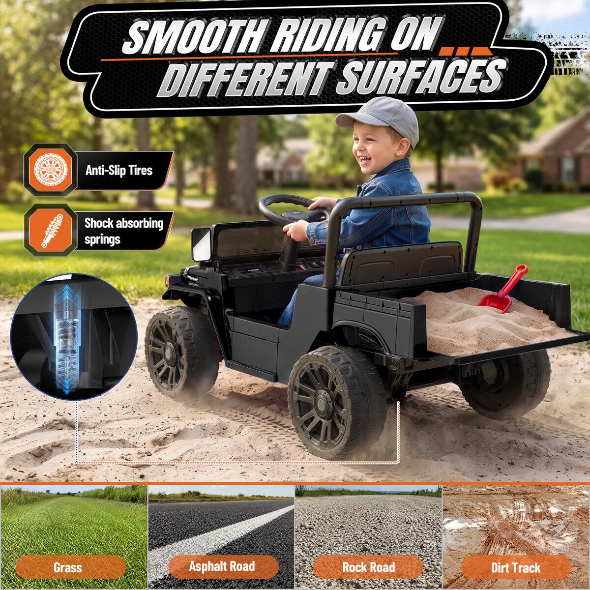 SMOOTH RIDING ON DIFFERENT SURFACES

Anti-Slip Tires
Shock absorbing springs

Grass
Asphalt Road
Rock Road
Dirt Track