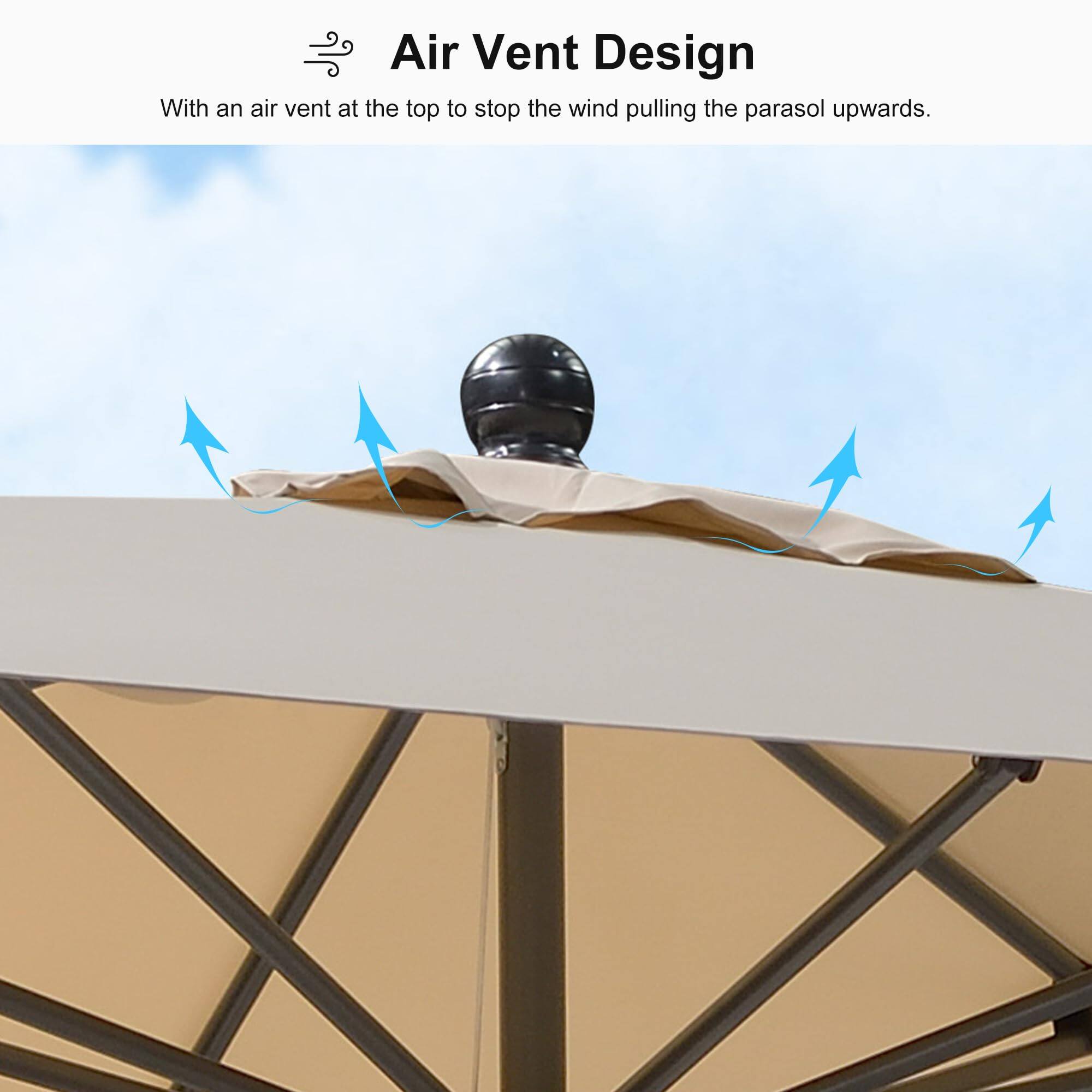 Air Vent Design

With an air vent at the top to stop the wind pulling the parasol upwards.