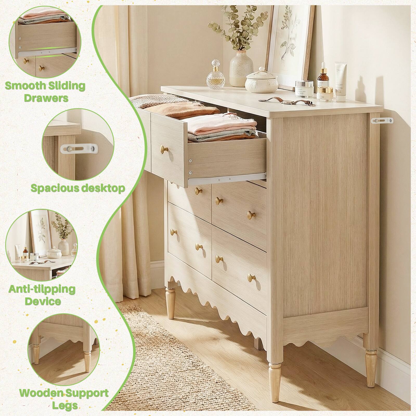 Smooth Sliding Drawers  
Spacious desktop  
Anti-tilting Device  
Wooden Support Legs