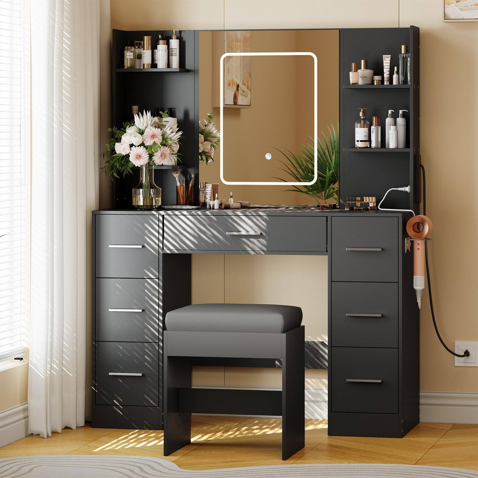 Front. Acekool - Vanity Desk with Lights, Makeup Vanity with Mirror and Chair, Power Outlet, Hair Dryer Rack, 7 Drawers, 3 Lighting Modes - Black.