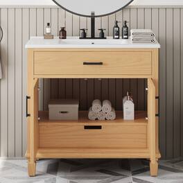 Boyel Living - 36 Inch Rattan Bathroom Vanity with Ceramic Sink Soft Close Doors and Drawers Solid Wood Legs - Natural