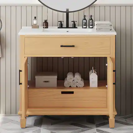 Front. Boyel Living - 36 Inch Rattan Bathroom Vanity with Ceramic Sink Soft Close Doors and Drawers Solid Wood Legs - Natural.