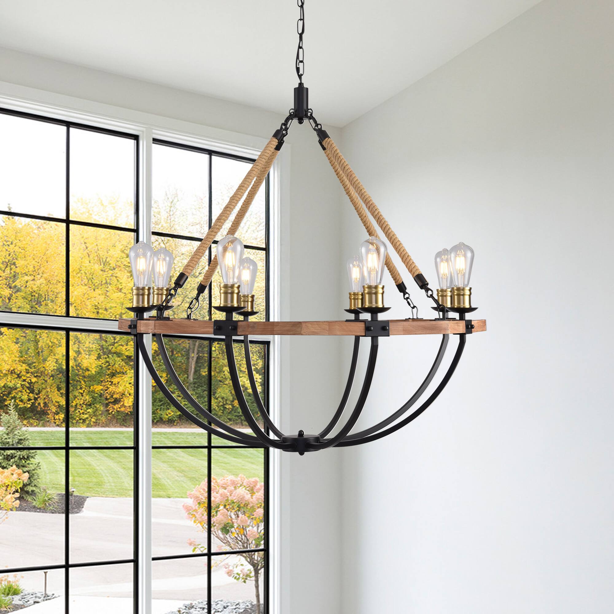 RYHNUYNE - 8-Light Farmhouse Chandelier Round Wood Pendant Light 38 Inch Adjustable Height Rustic Industrial Light Fixture - Brown