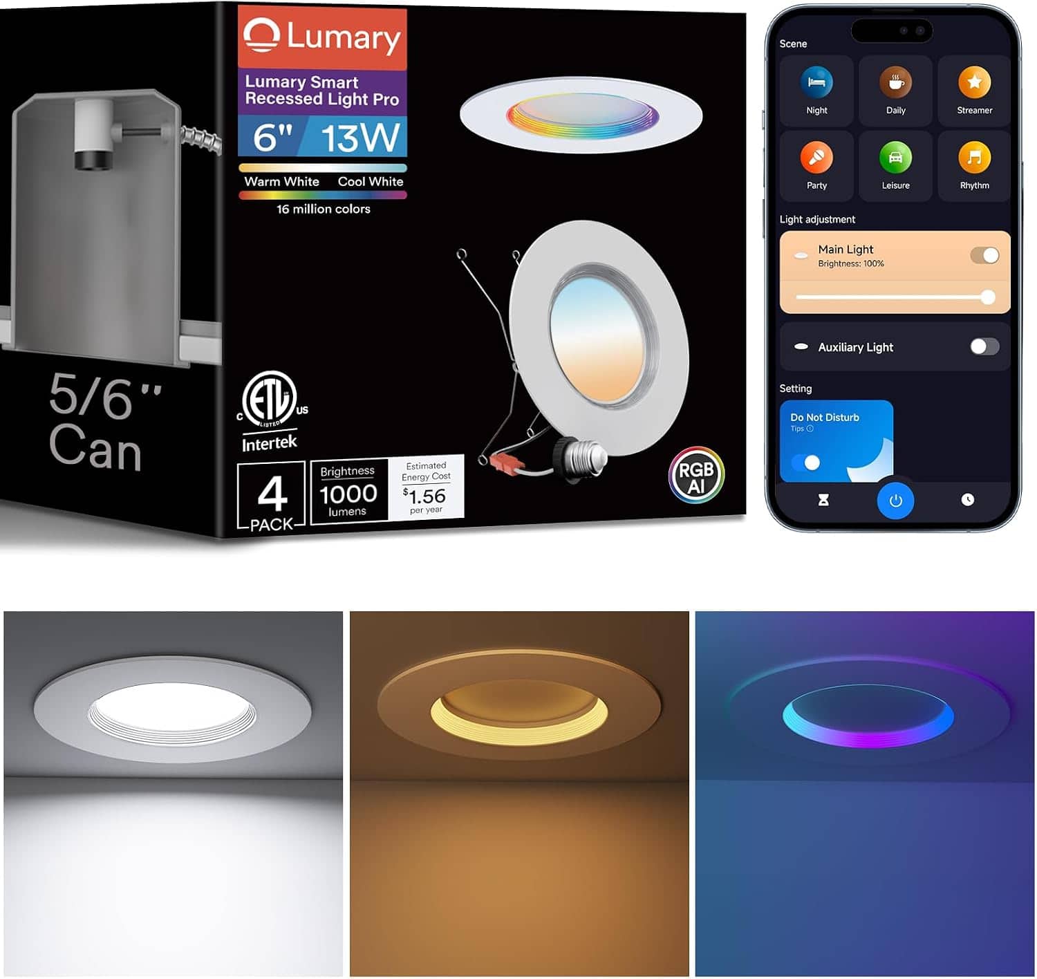 "Lumary - 6"" Smart Retrofit RGBAI Recessed Lighting with Baffle Trim, Wi-Fi Bluetooth Connect Work with Alexa Google 4 Pack - White" price history on PriceWatchPro