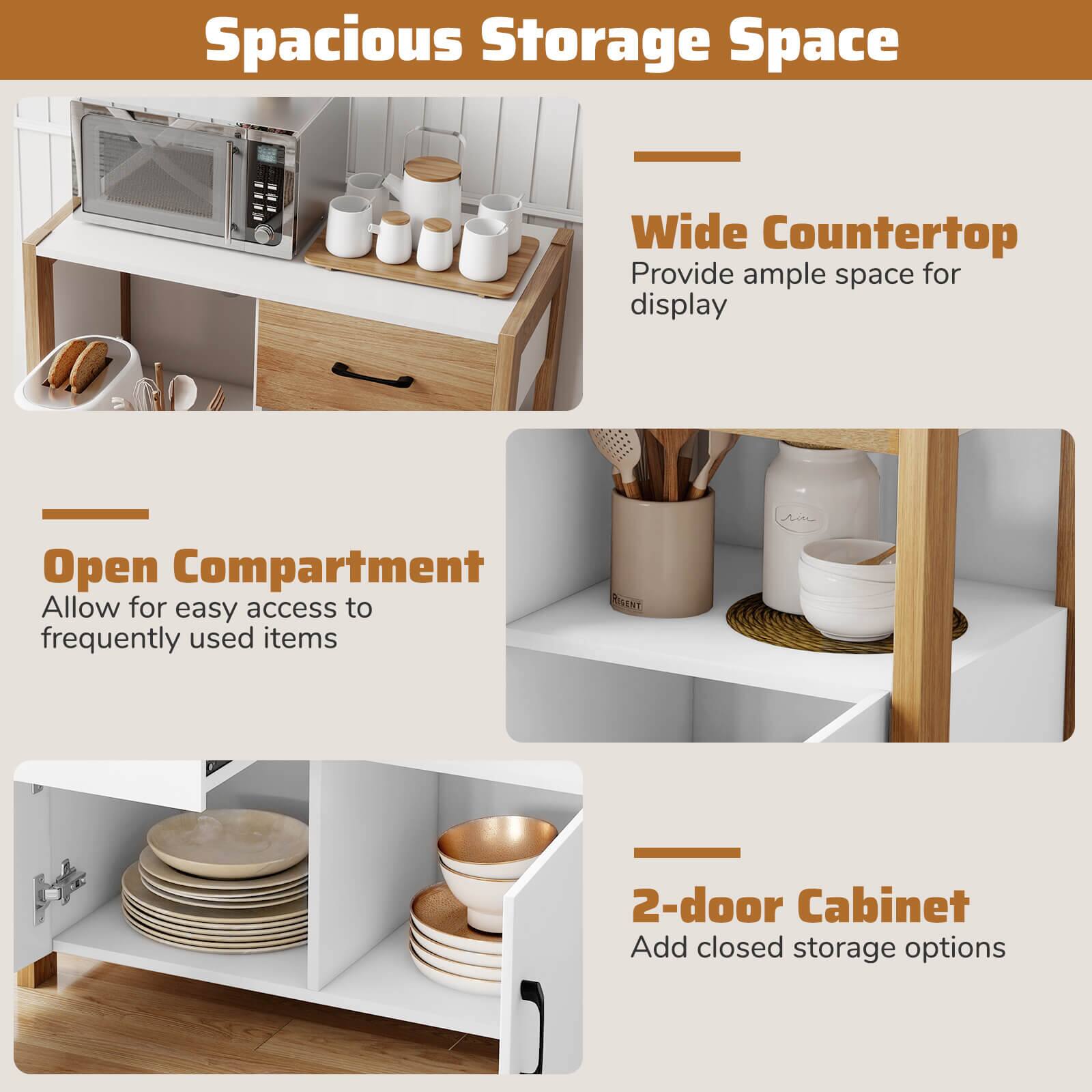 Spacious Storage Space

- Wide Countertop
  - Provide ample space for display

- Open Compartment
  - Allow for easy access to frequently used items

- 2-door Cabinet
  - Add closed storage options
