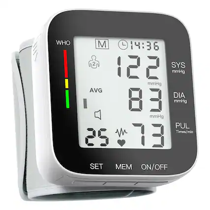 WHO M 14:36 2 SYS 122 mmHg AVG DIA 83 mmHg PUL 73 Times/min 25 SET MEM ON/OFF