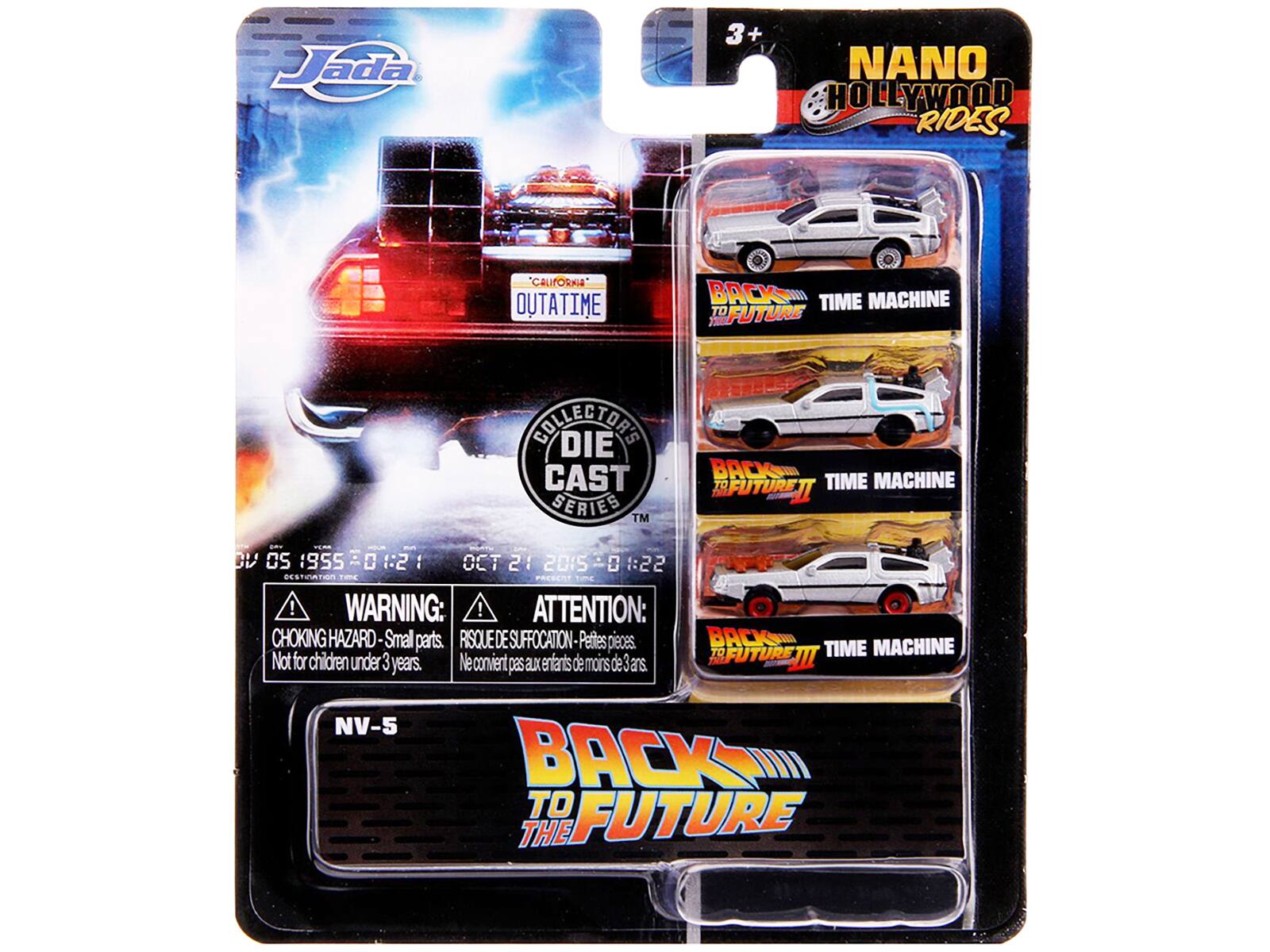 Jada 3+ NANO HOLLYWOOD RIDES. "CALIFORNIA OUTATIME BACKS TIME MACHINE TO FUTURE MOLECTORE DIE CAST SERIES TM BACKS TO TIME MACHINE PFUTURETT CV CS 1955 1:21 OCT 21 2015 0 1:22 S ! WARNING: ! ATTENTION: CHOKING HAZARD-Small parts. RISQUE DE SUFFOCATION-Petites pieces. BACK MACHINE ARFUTURET TO TIME Not for children under 3 years. Ne convient pas aux enfants de moins de 3 ans M NV-5 BAKS TO THE FUTURE