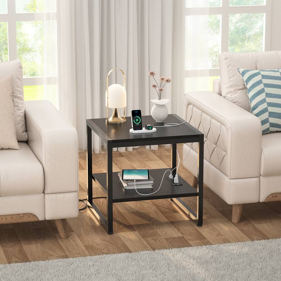 Aheaplus 20'' Wide End Table with Charging Station, 2 Tier Square Mini ...