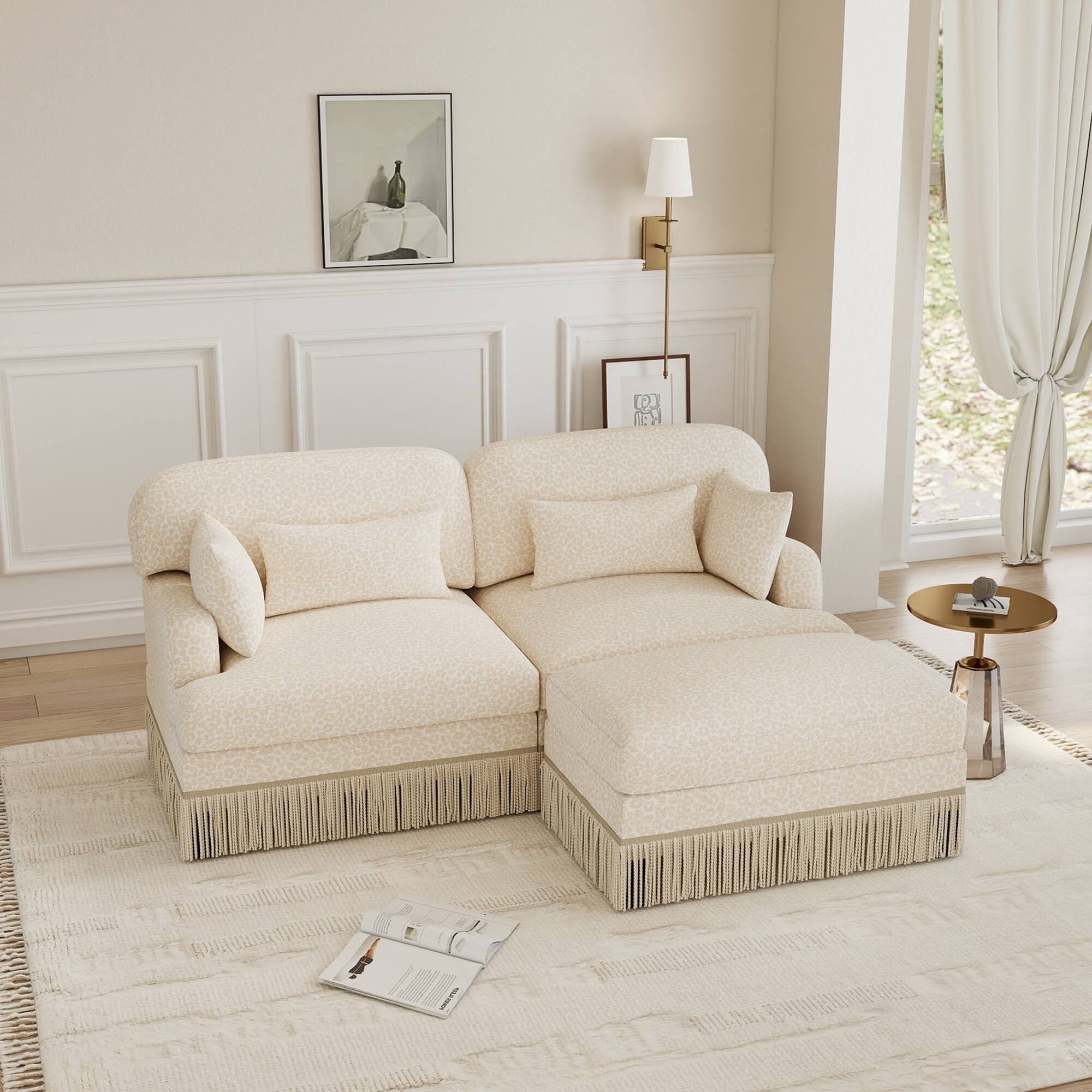 Angle. Anysun - Delicate Fashion Style Chenille Leopard Printing L-Shape Sofa with Movable Ottoman, Easy Assembly - Beige.